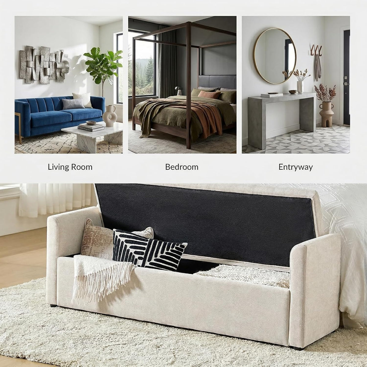 HULALA HOME 59" Storage Bench with 2 Throw Pillows, Modern Long Bedroom Bench for End of Bed, Comfy Upholstered Footstool for Entryway Living Room, Linen