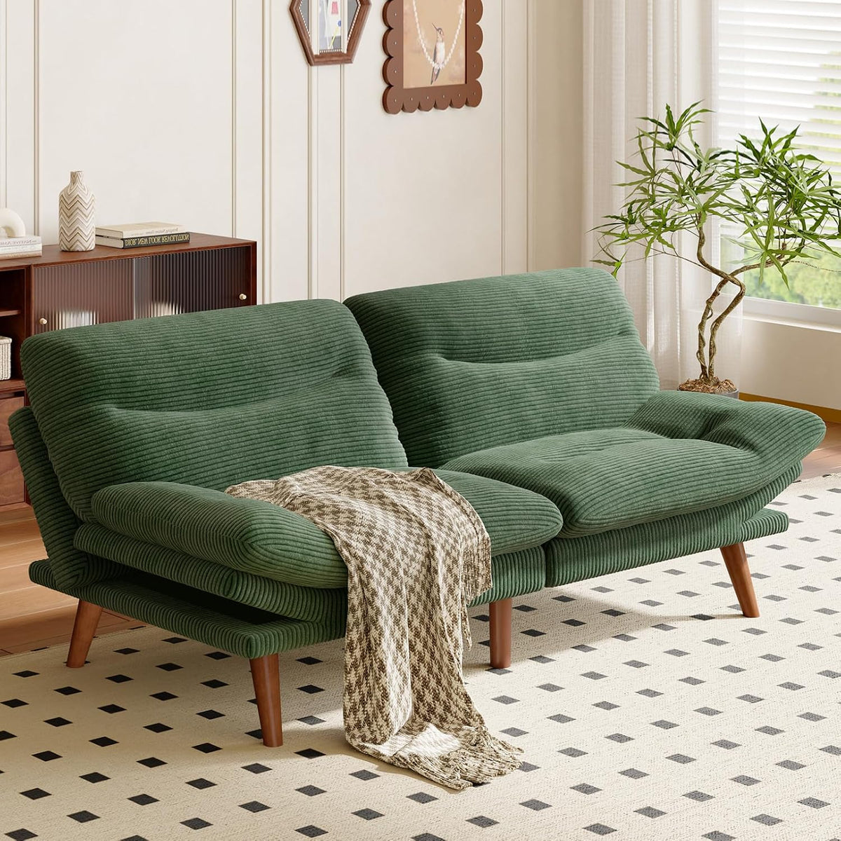 Amada 75" Convertible Futon Sofa Bed, Corduroy Folding Futon Set with Adjustable Backrest &Armrests, Recliner Lounge for Living Room, Apartment or Office, Solid Wood Frame, Loveseat Sofa -Forest Green