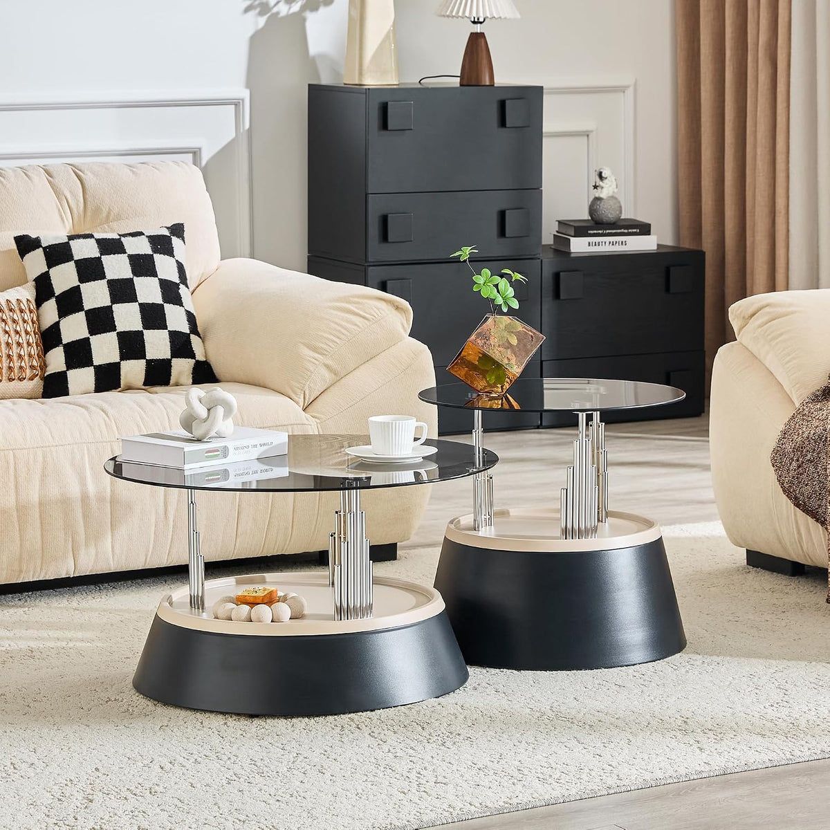 Nesting Coffee Table Set of 2, Modern Round Tempered Glass Center Table | Modern Tempered Glass Side Tea Table with Heavy Duty Metal Disc Base for Small Apartment Space Saving Furniture Décor, Black