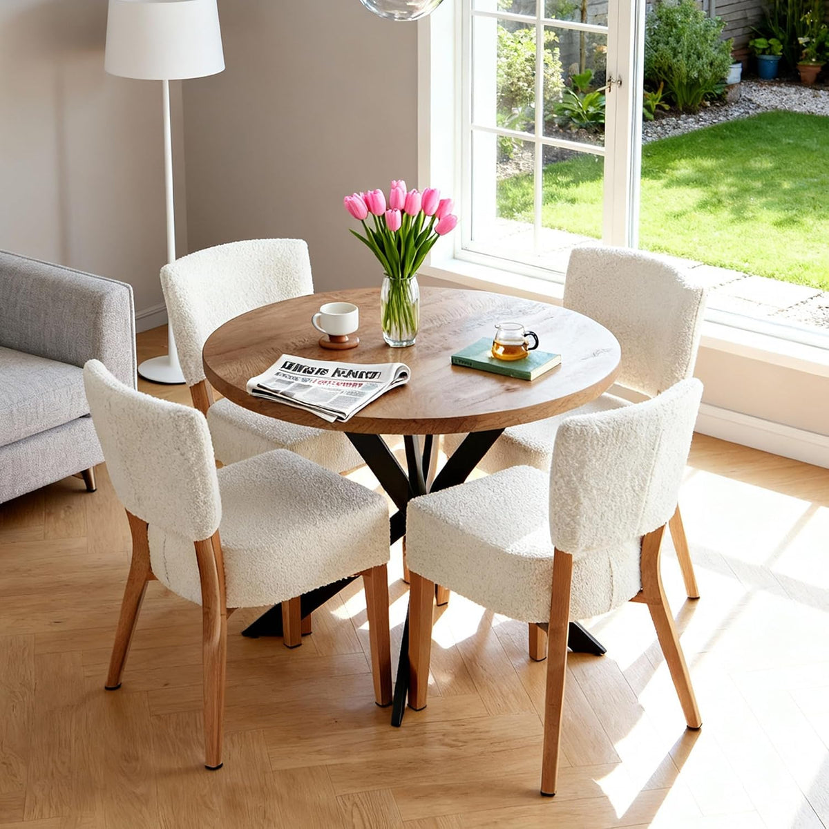 Howtek Modern Dining Chairs Set of 4 with 6.3" Thick Seat Cushions, Space-Saving Stackable Upholstered Kitchen Chairs, Ergonomic Backrest & Metal Legs, White