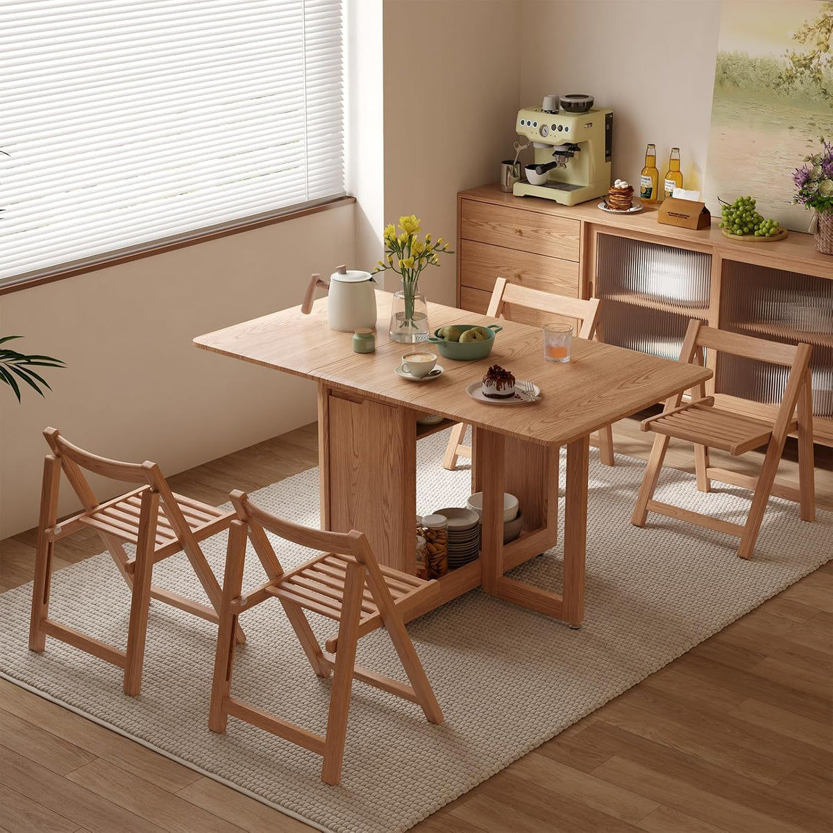 AnywaysWood Folding Dining Table with 4 Foldable Chairs Set, Space Saving Extendable Solid Wood Drop Leaf Table for Kitchen Dining Living Room Small Spaces Easy Assembly (55.12"×31.5"×30")