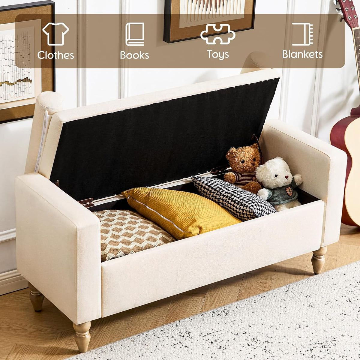 Large Storage Ottoman Bench, 45.7" Linen Upholstered Entryway Bench with Solid Wood Legs, End of Bed Bench, Shoe Bench, Ottoman Storage Chest for Bedroom/Living Room/Entryway,Beige