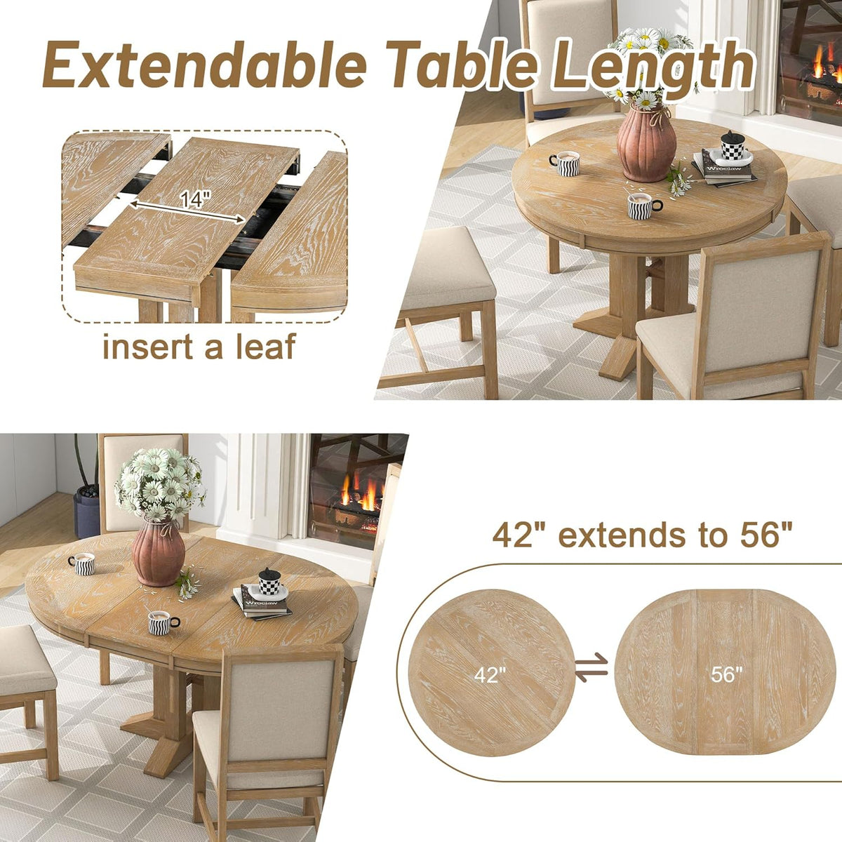 42" Round Dining Table for 4-6, Functional Round Extendable Wood Folding Mid Century Modern Round Dining Table for Dining Room Kitchen, Restaurant, Café, Natural