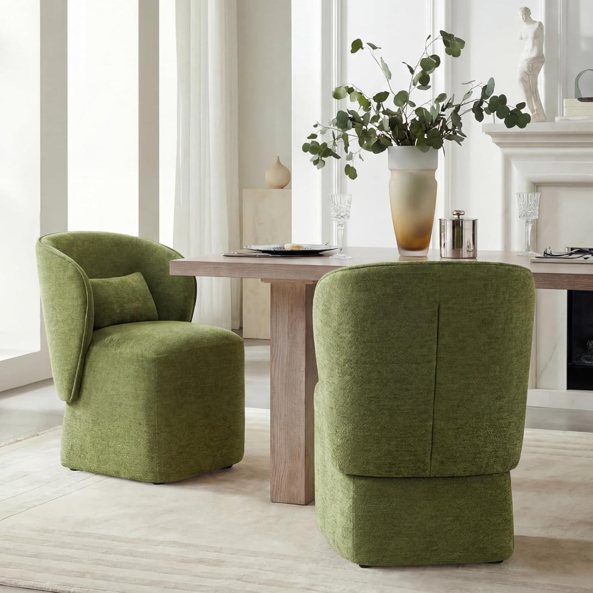 KISLOT Upholstered Dining Chairs with Wheels, Easy Assembly Stain Resistant Fabric Modern Barrel Armchair with Lumbar Cushion, Dining Room Chairs for Kitchen Living Room Bedroom, Green, Set of 4