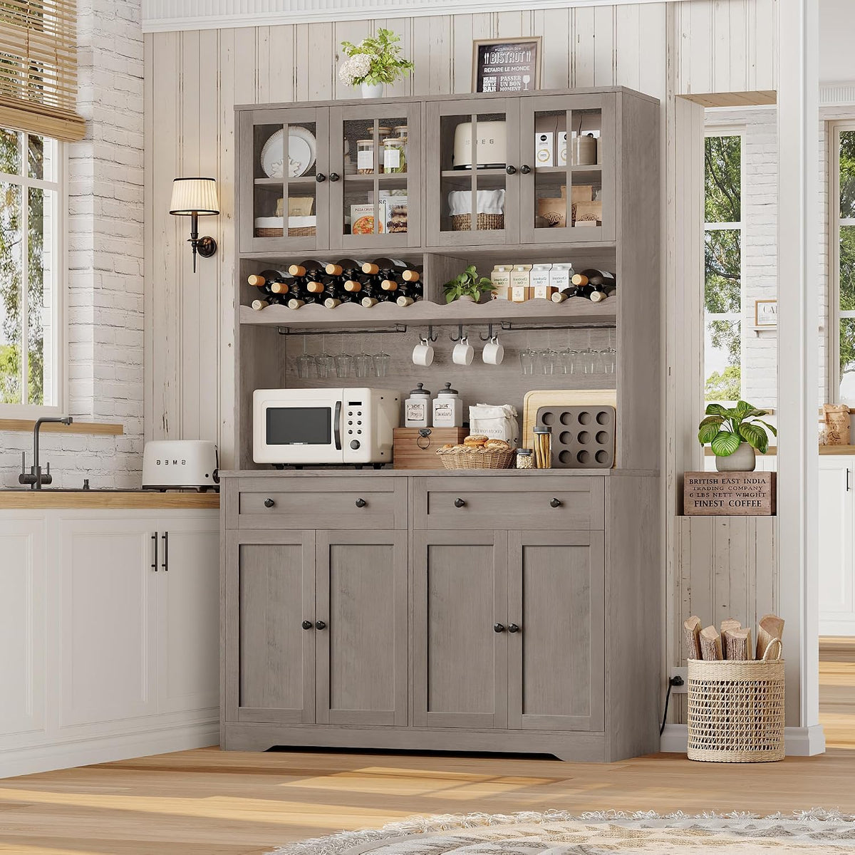 HOSTACK Kitchen Pantry Storage Cabinet, Coffee Bar Hutch Cabinet, Ash Gray | 75.4" Tall Pantry Cabinet with Charging Station / Countertop / Glass Doors / Wine Rack / Cup Holder / Drawers, Dining Room