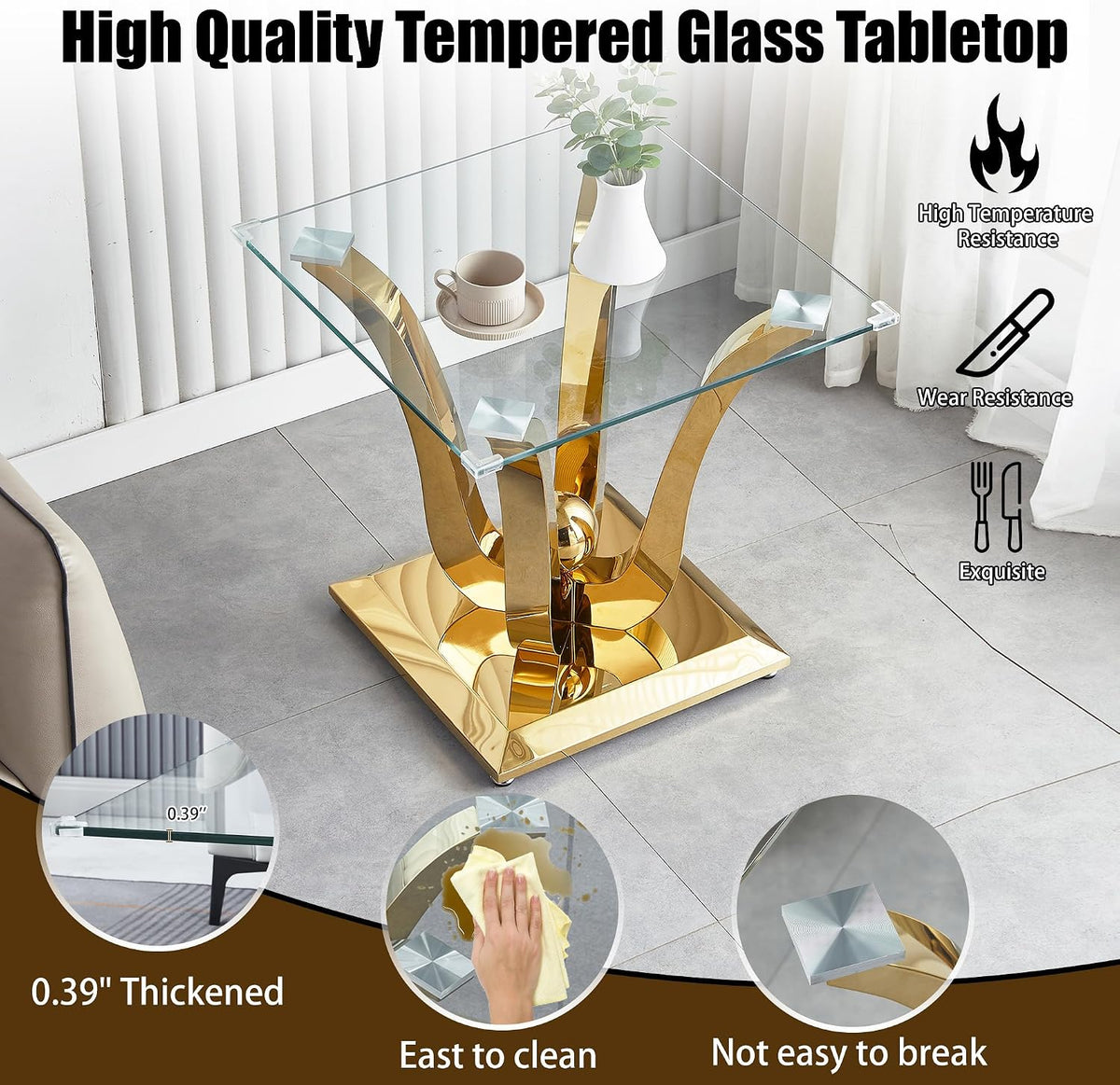 New Gold Glass Side Table, Luxury End Table with Mirror Finish Stainless Steel Base and Tempered Glass Top, Square Side Table for Living Room, Bedroom,Office