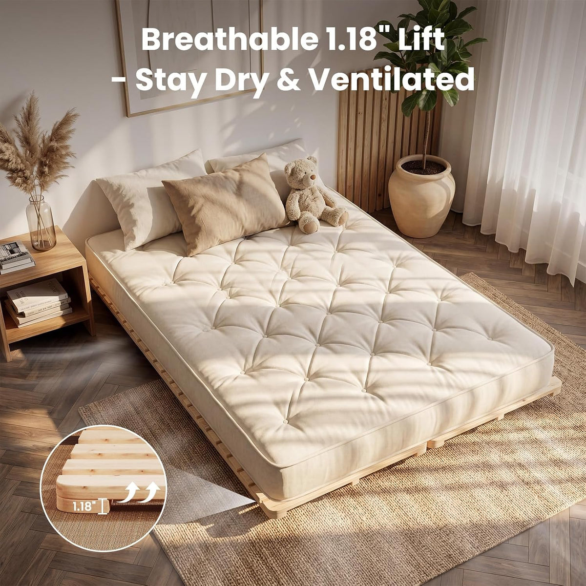 Floor Bed Frame, Foldable Japanese Tatami Bed Frame for Futon Mattress | Solid Wood Slats , Breathable, Moisture-Proof, Bed Plate for Floor Sleeping Bedding, Standard Full: 75" x 54"