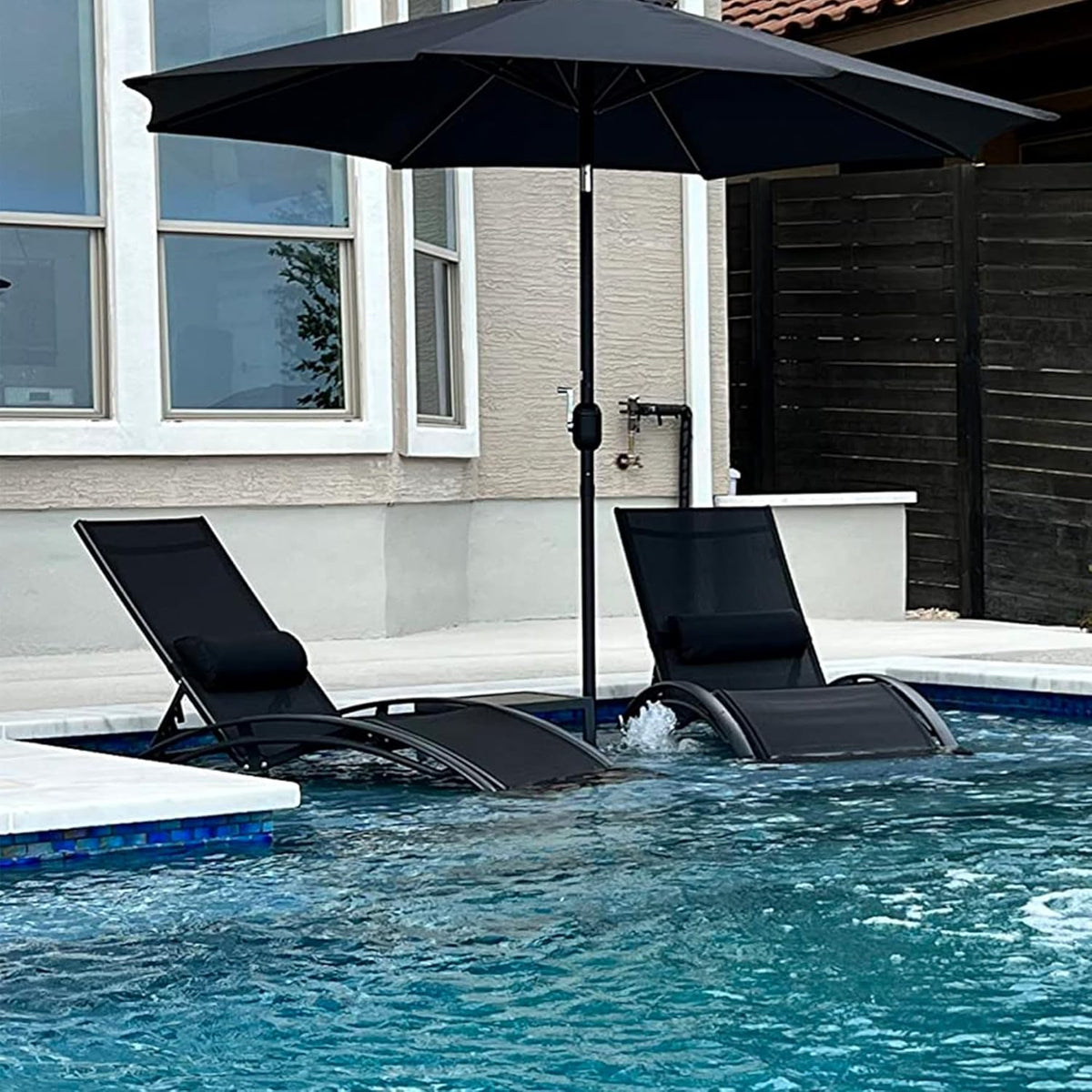 PURPLE LEAF Patio Pool Lounge Chaise Set of 3 Outdoor Lounger Chair, Black | 2 Chaise + 1 Table, Aluminum Frame, UV Textilene Fabric, Adjustable Headrest & 5 Recline Angles, Stackable, S-Curve Backrest