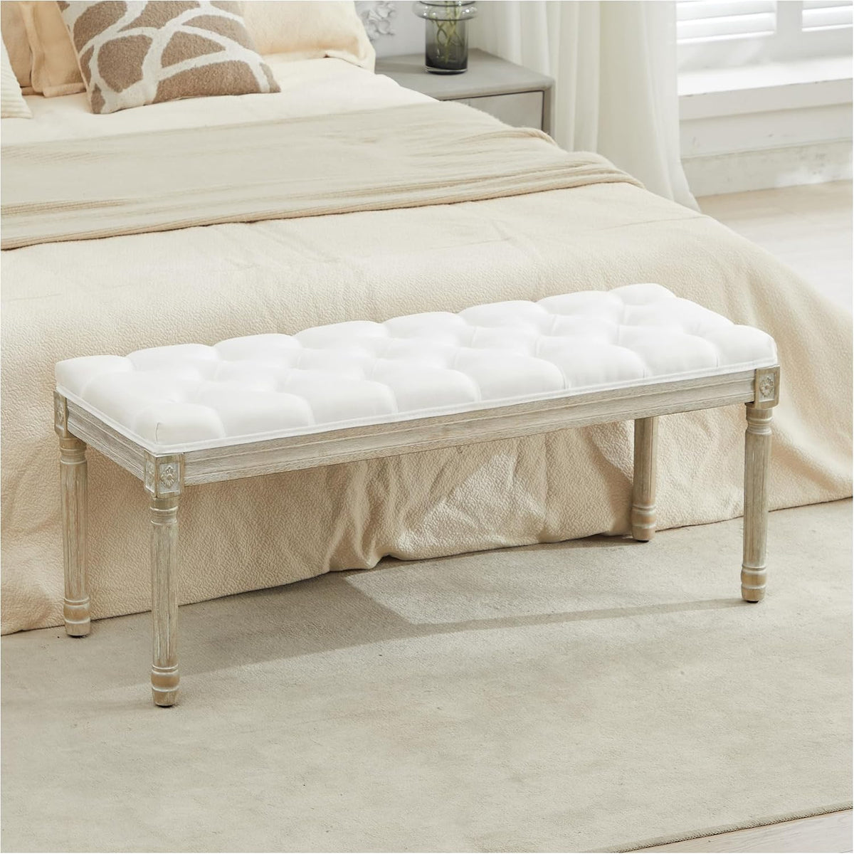 LOULENS 43.9" Linen Fabric End of Bed Bench, Vintage French Upholstered Button Tufted Entry Bench, Window Seat with Carved Wood Legs for Bedroom, Living Room, Entryway, Foyer, Hallway, White