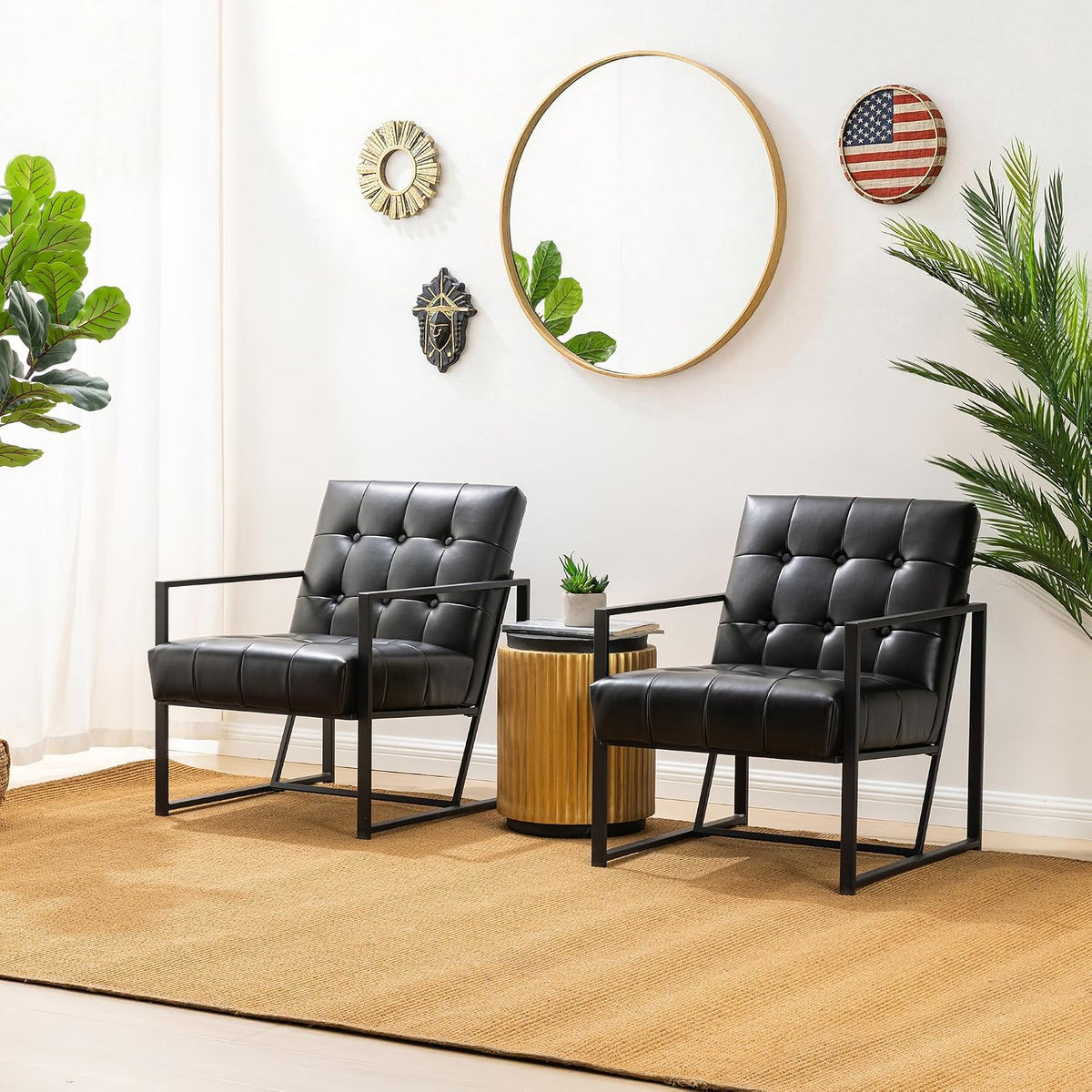 Glitzhome Mid Century Modern Accent Chair, Comfy Living Room Chair with Durable Metal Frame,PU Leather Cushioned, Reading Armchairs for Living Room, Bedroom, Home Office, Black