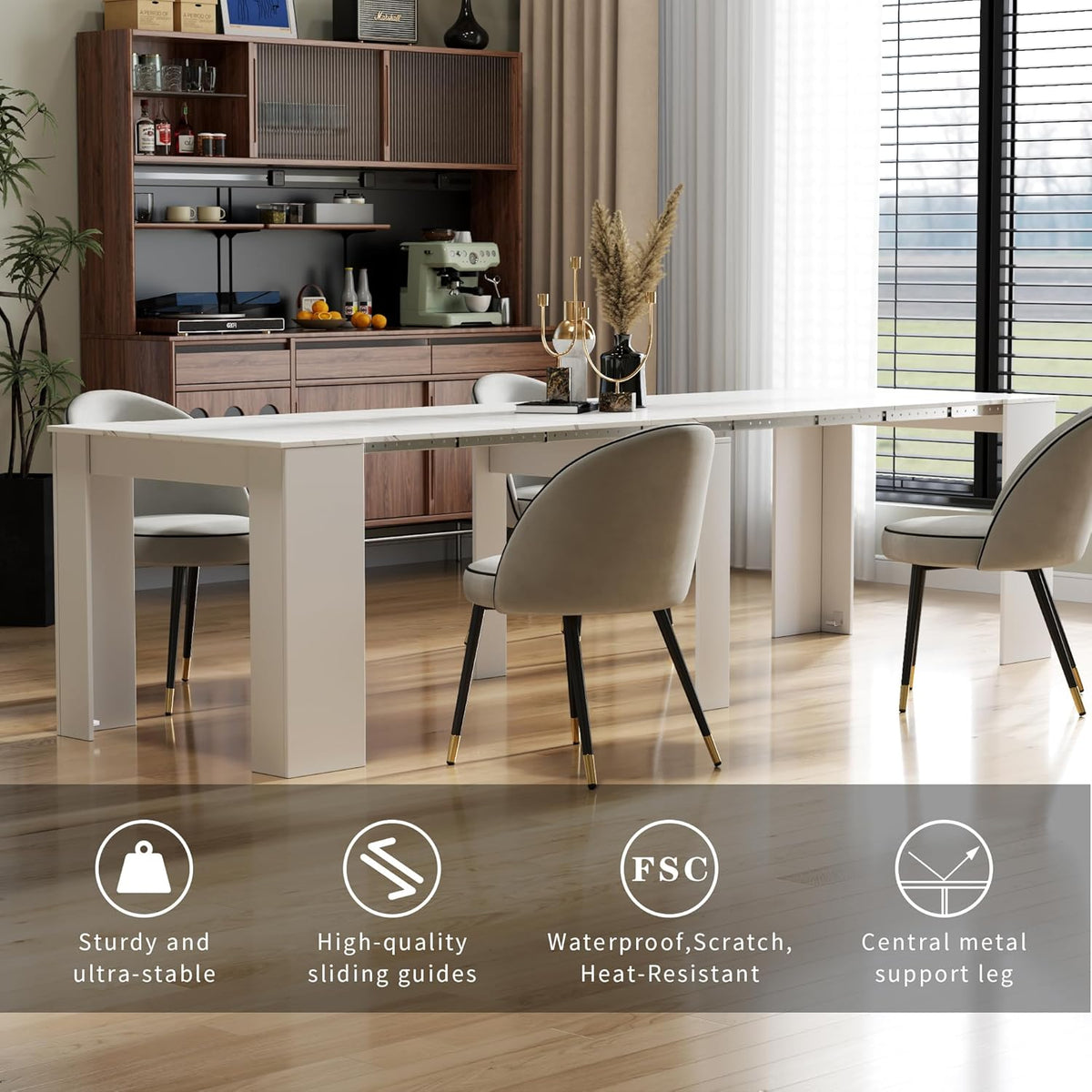 Transformer Table, Extendable Dining Table for 2-12 People, Marble White