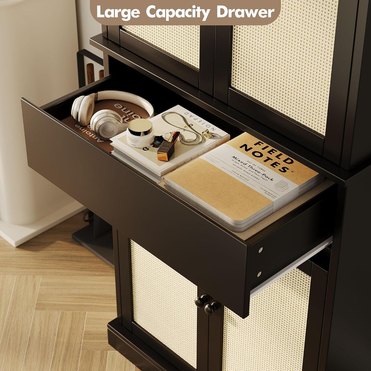 69'' Tall Pantry Cabinet - 4 Rattan Doors, Drawer, and 2 Adjustable Shelves - Freestanding Storage Cupboard for Entryway, Kitchen, Dining Room, Bathroom, or Office,Black