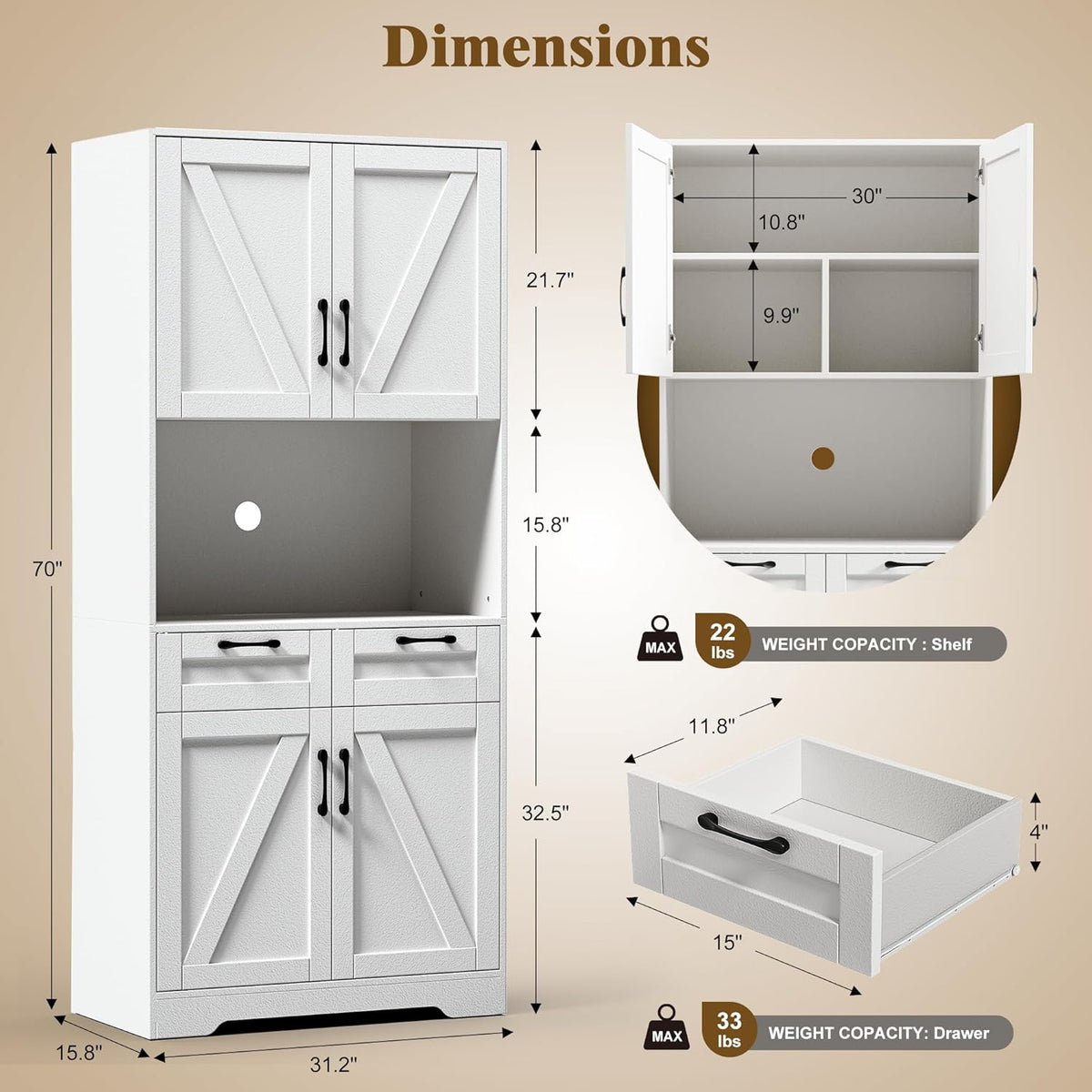 Tall Kitchen Pantry Cabinet with 2 Drawers, White Hutch Cabinet with Storage, Kitchen Pantry Storage Cabinet with Countertop and Adjustable Shelf, Tall Pantry for Kitchen