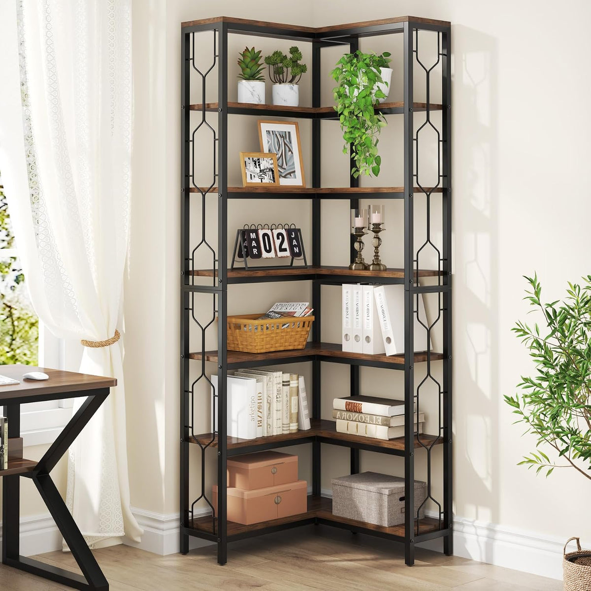 Tribesigns Corner Shelf, 7-Tier Industrial Corner Bookshelf and Bookcase | Freestanding Display Shelf for Living Room, Wood and Metal Corner Book Shelves, Corner Bookcase for Home Office, Rustic Brown