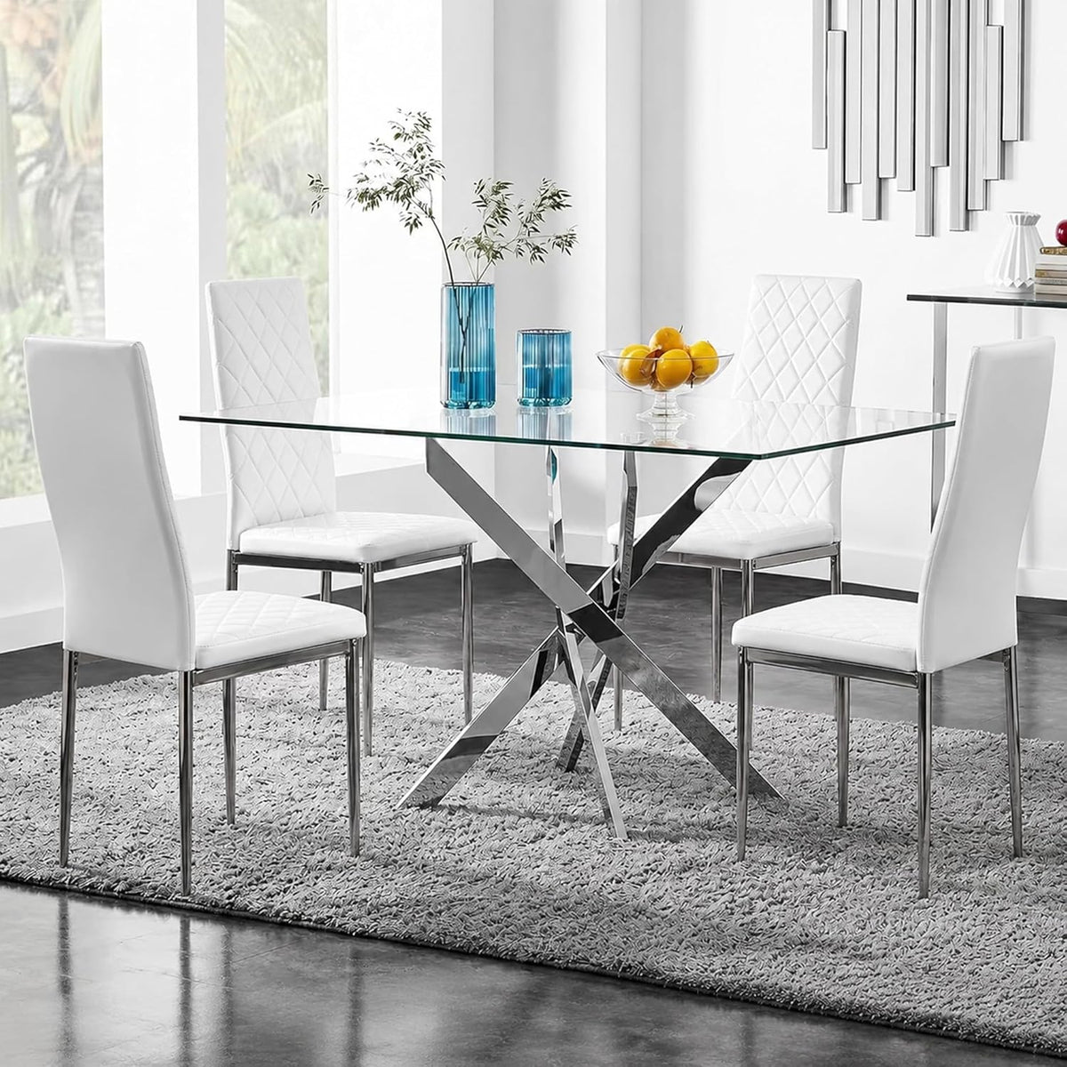 5 Piece Glass Dining Table Set for 4, Modern Kitchen Table and Chairs Set, Tempered Glass Table with 4 Upholstered Chairs, Space-Saving Dining Set for Small Apartment, Kitchen (Silver&White)