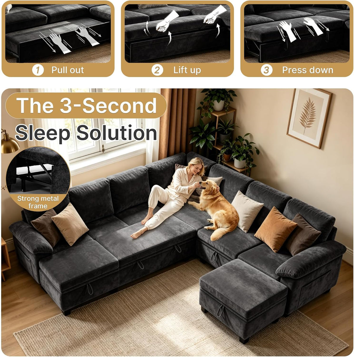 Oversized Sectional Sleeper Couch, 9 Seat Modular Sofa Pull-Out Storage Bed | MastonHome 109" U-Shaped Convertible Cloud Couch with Pillow Armrests, Chenille Fabric for Living Room, Apartment, Black