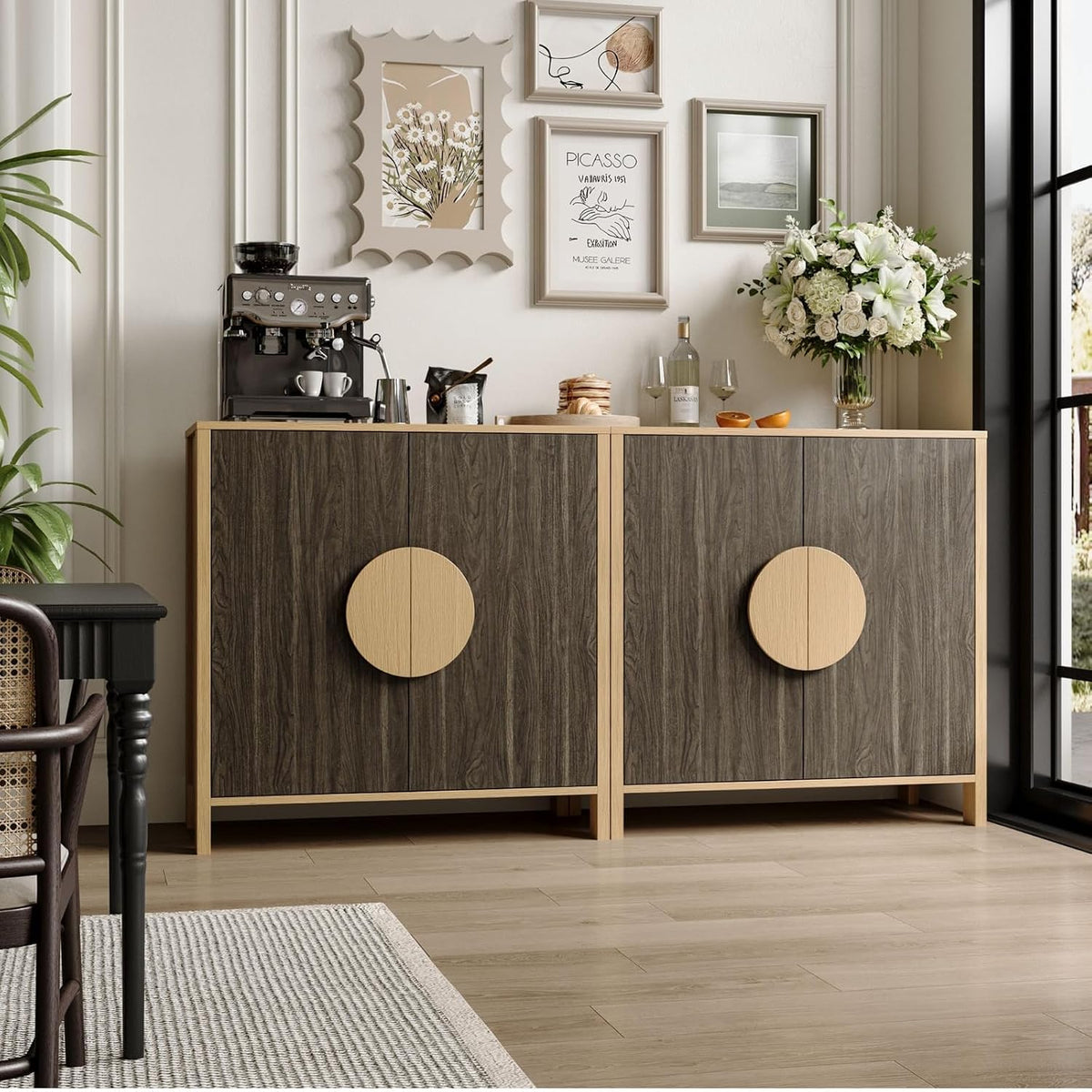 BREEZEHEAT Sideboard Buffet Cabinet with Storage, Mid Century Modern Buffet Table, 64" Wood Accent Cabinet with 4 Doors and Adjustable Shelf, Storage Credenza for Kitchen Living Room Entryway