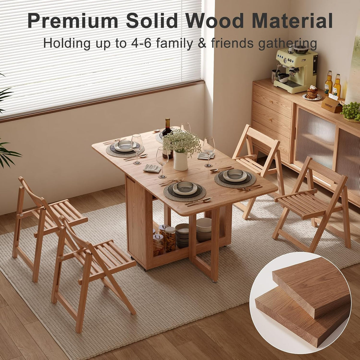 AnywaysWood Folding Dining Table with 4 Foldable Chairs Set, Space Saving Extendable Solid Wood Drop Leaf Table for Kitchen Dining Living Room Small Spaces Easy Assembly (55.12"×31.5"×30")