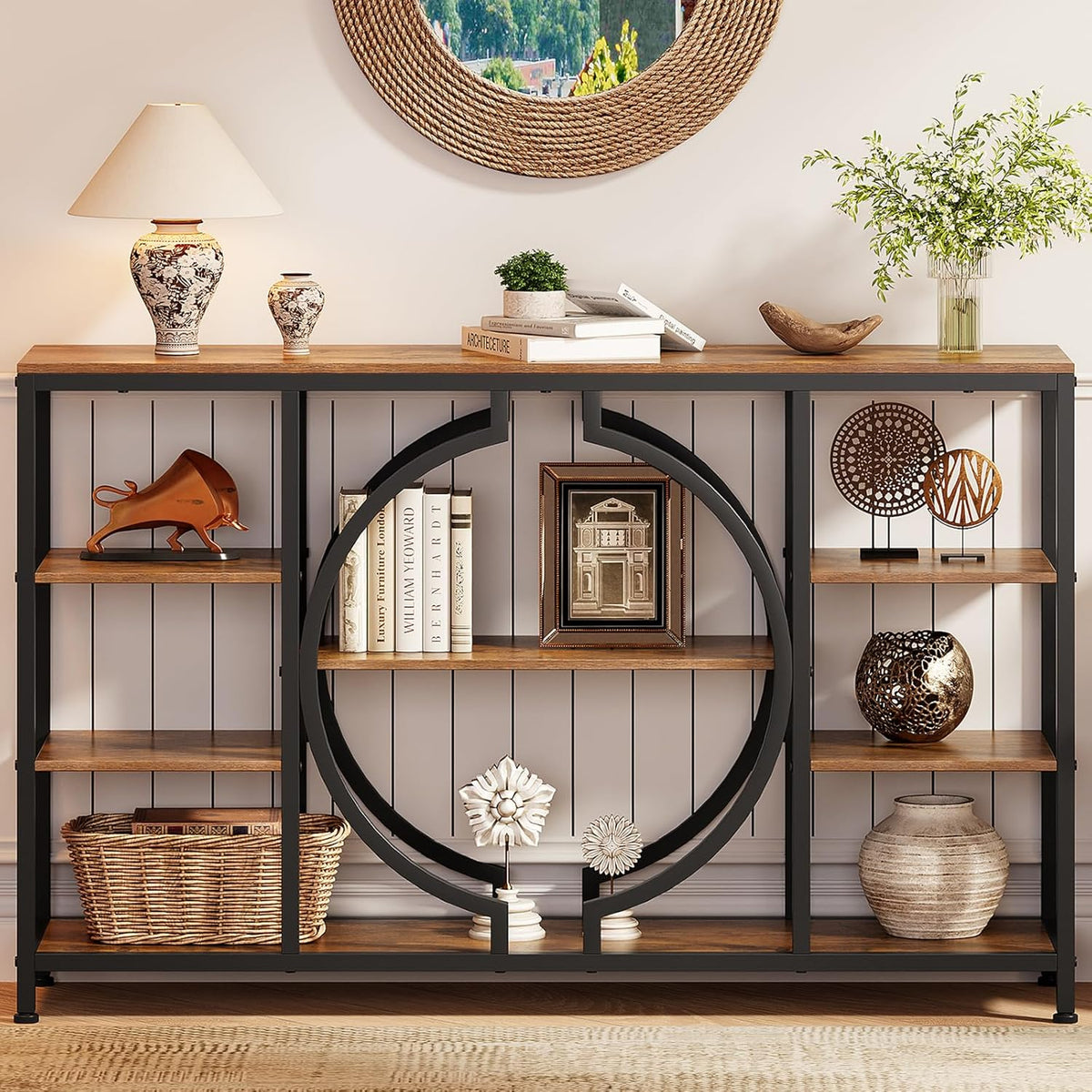 GiftGo 47" Industrial Console Tables for Entryway Rustic Sofa Table Behind Couch 4 Tier Wooden Shelves Entry Table with Storage for Foyer, Hallway, Front Door,Living Room (Rustic Brown, 47")