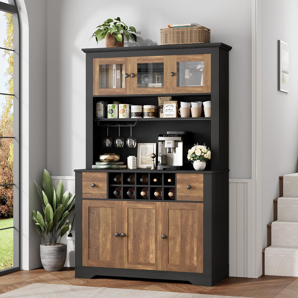 68.7 " Pantry Cabinet with LED Light and Charging Station, Kitchen Pantry Storage Cabinet with Countertop, Large Kitchen Hutch with Wine Rack & Adjustable Shelves for Dining Room, Living Room