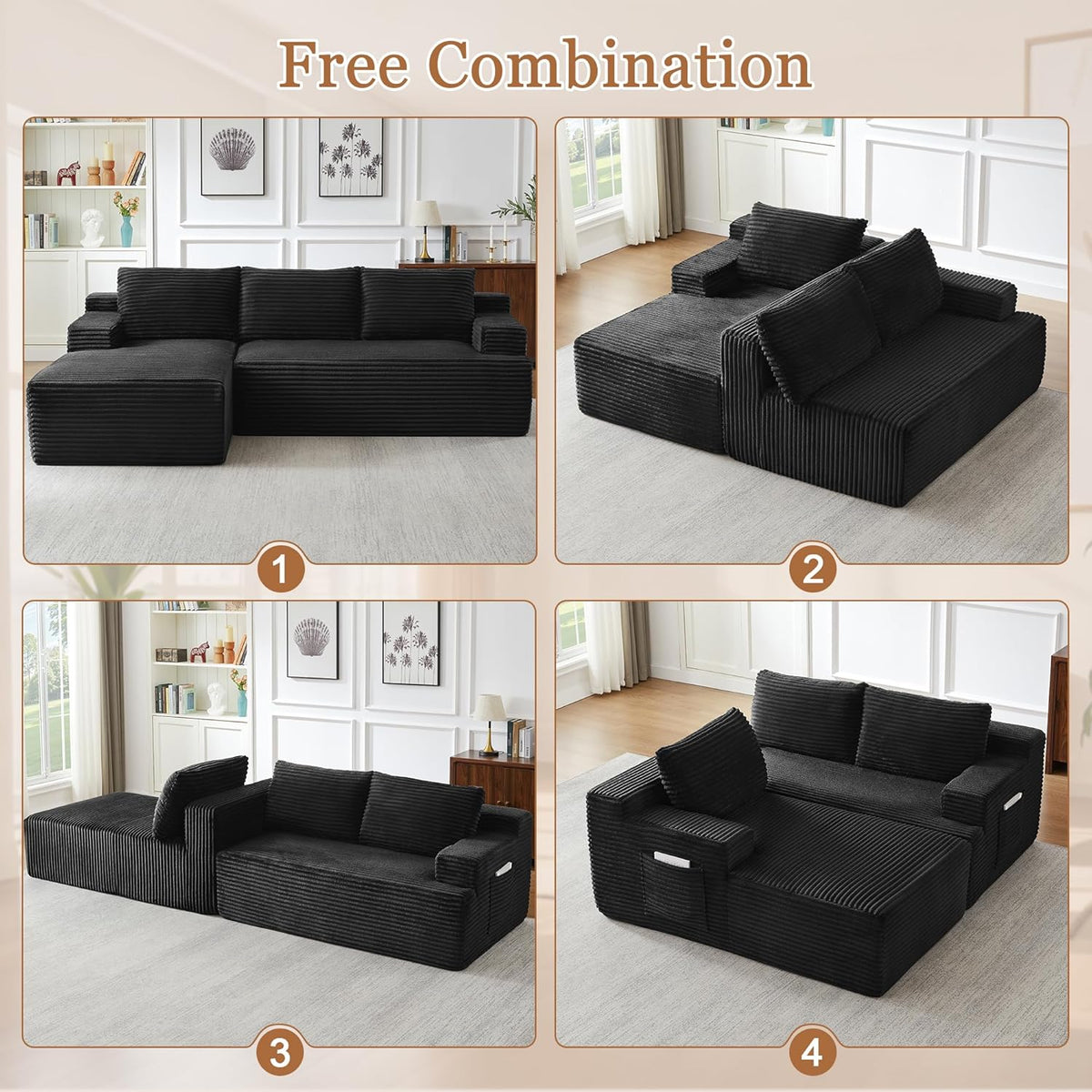 Eafurn 96" L Shaped Cloud Sectional Couch with Chaise, Deep Seat Modular Sectional Sofa Corduroy Memory Foam Sofa Couches for Living Room Bedroom, No Assembly Required, Black