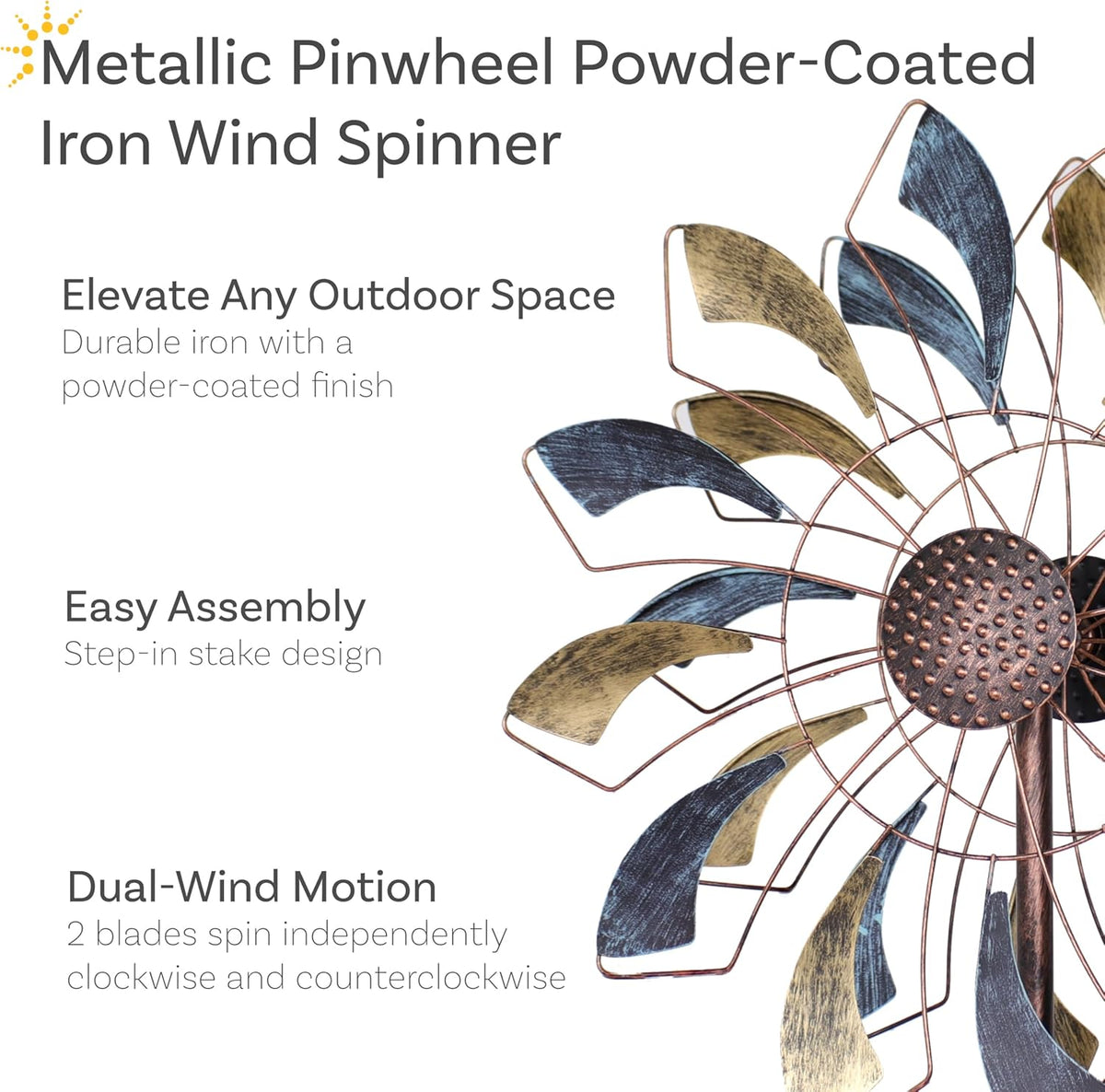 Sunnydaze Metallic Pinwheel Metal Garden Wind Spinner - Removable Pole Sections for Adjustable Height - Dual-Motion Blades - 84.5" H