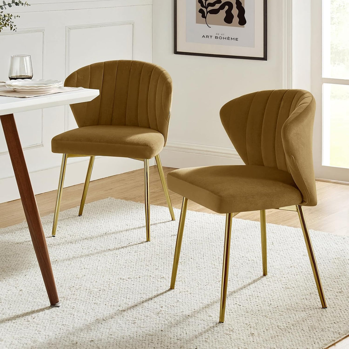 TINA'S HOME Velvet Dining Chairs Set of 2, Modern Upholstered Side Chair with Golden Legs, Small Cute Armless Accent Chair for Living Room, Kitchen, Bedroom, Beauty Room, Golden