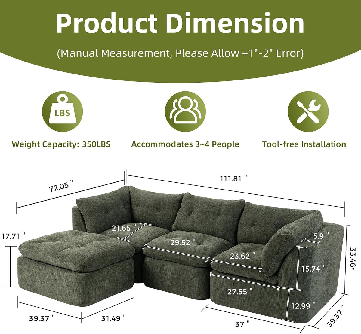 Modular Sectional Sofa with Ottoman, 112 Inch, Blackish Green