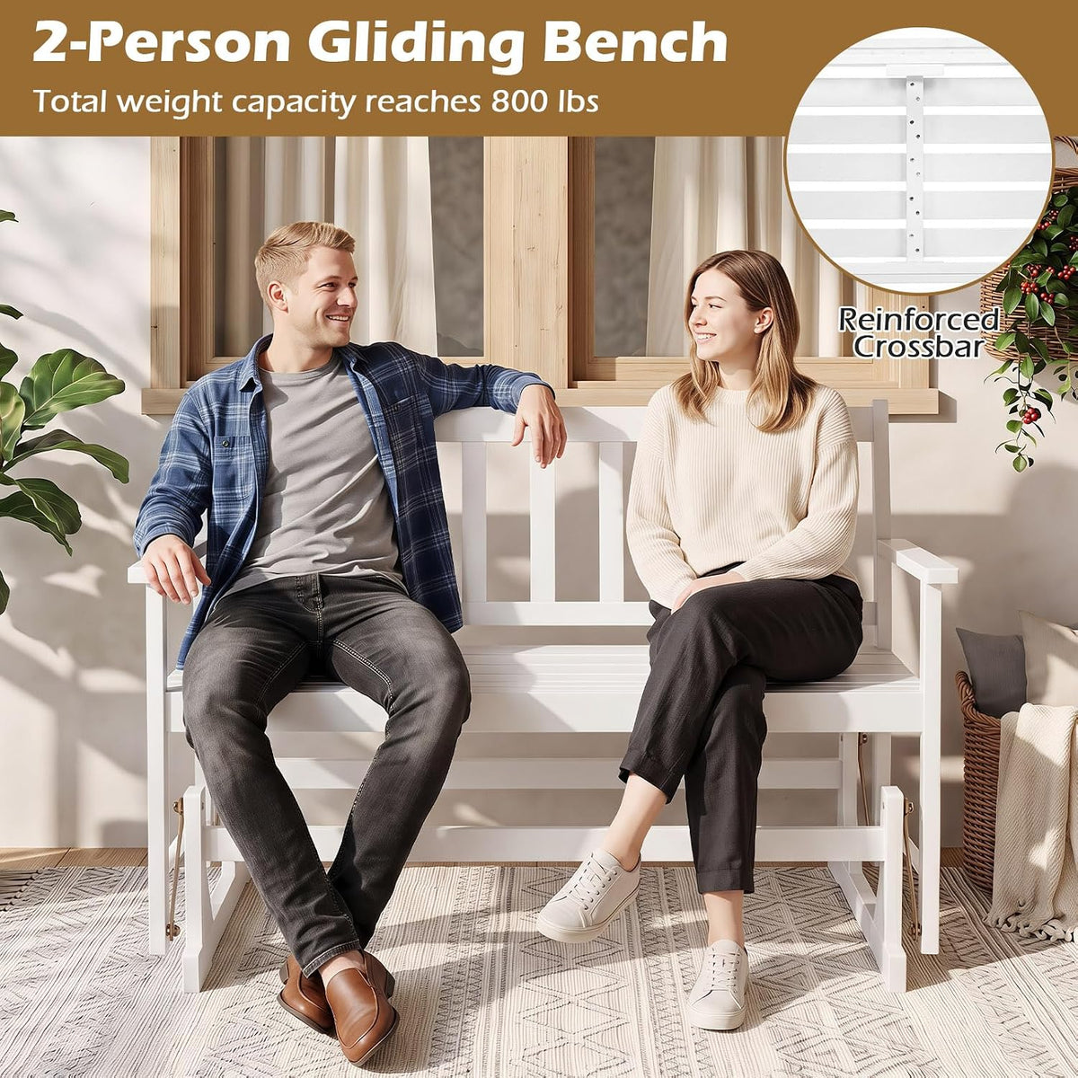 Tangkula 2-Person Patio Acacia Wood Glider Chair, 800 LBS | Armrests, Slatted Seat & Backrest, Heavy-Duty, for Porch, Garden, Backyard and Poolside