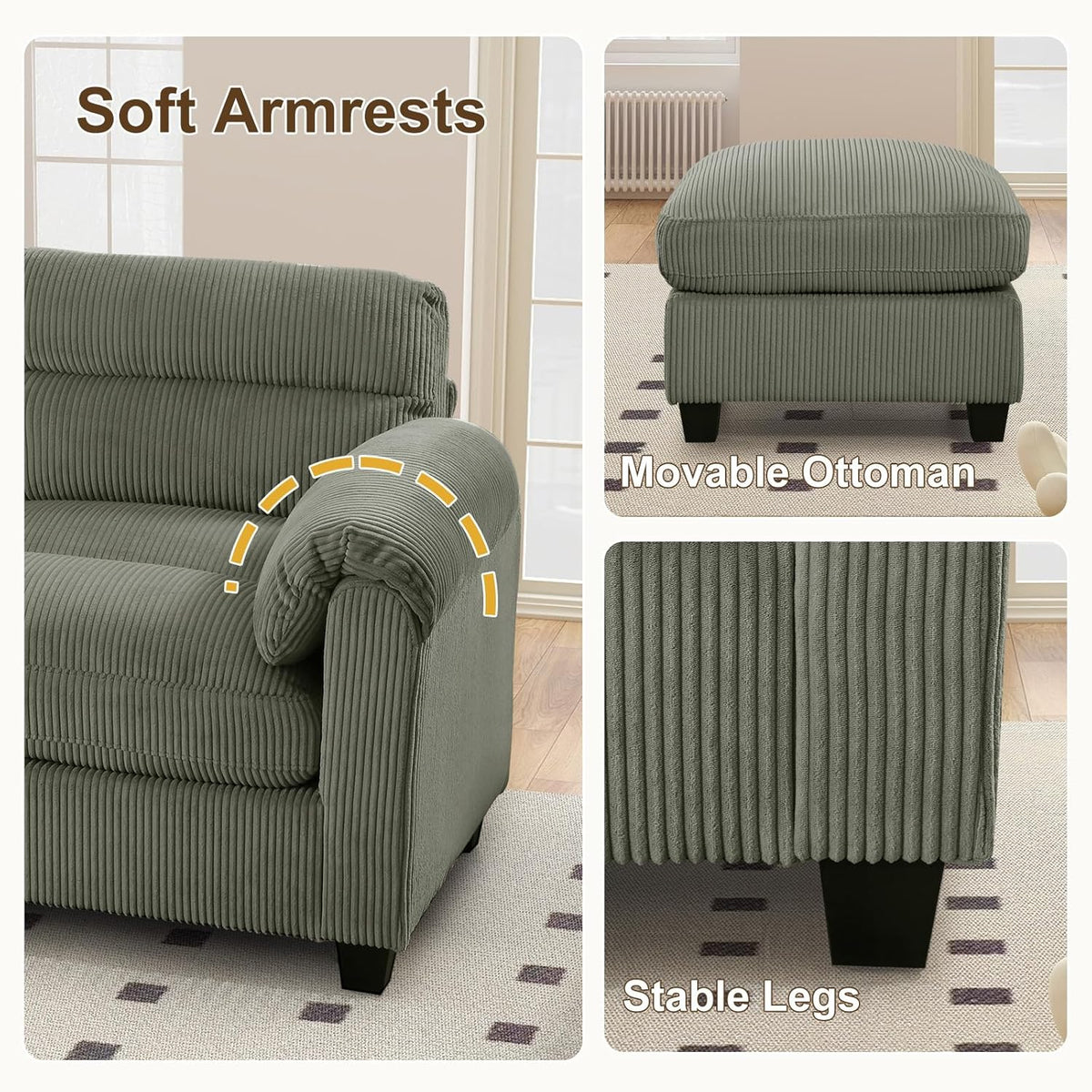 HAOMARKETS Corduroy Sofa Set, Upholstered Ottoman Footrest, Modern Living Room Furniture Sets,Green