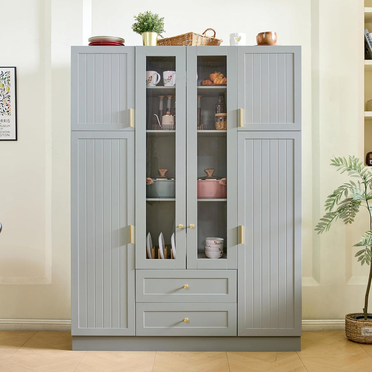 71" H Large Kitchen Pantry with 6 Doors, 53.2" L x 17.7" W Wooden Cupboard with Drawers, Pull-Out Trays, Wine Rack and Adjustable Shelves for Dining Room, Gray-Green