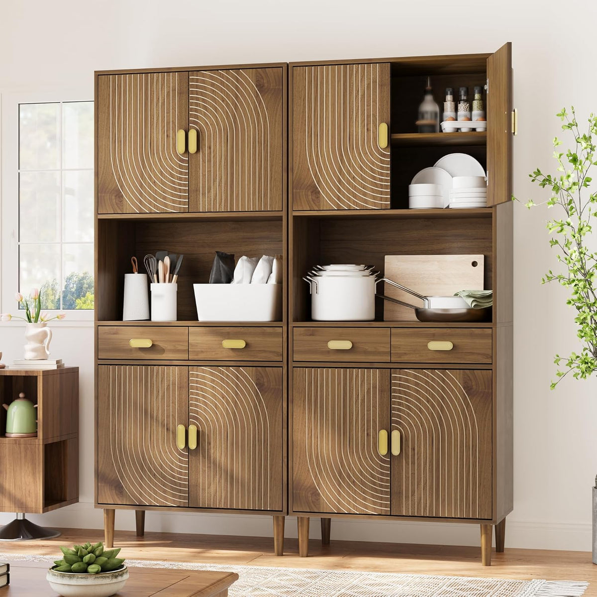 Smuxee 70.87" Walnut Kitchen Pantry Cabinet, Tall Food Pantry Cabinet with Line Groove Design, Kitchen Hutch with Microwave Stand for Dining Room, Living Room, Bar