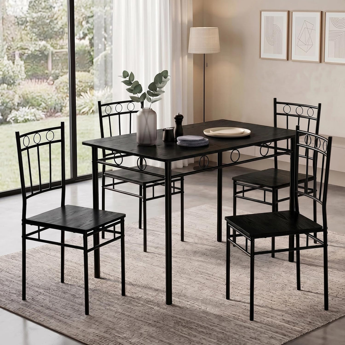 Vipbear Kitchen Dining Table Set for 4, 5-Piece Kitchen Table Set,Dining Room Table Sets,Rectangular Kitchen Table Set with 4 Chairs for Small Space, Dinette,Apartment,Rustic Black