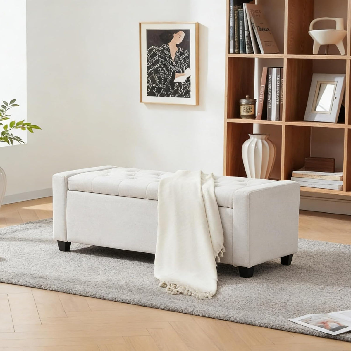 48" Storage Bedroom Bench for End of Bed, Faux Linen Upholstered Storage Ottoman with Arms for Bedroom,Living Room, Entryway, Beige