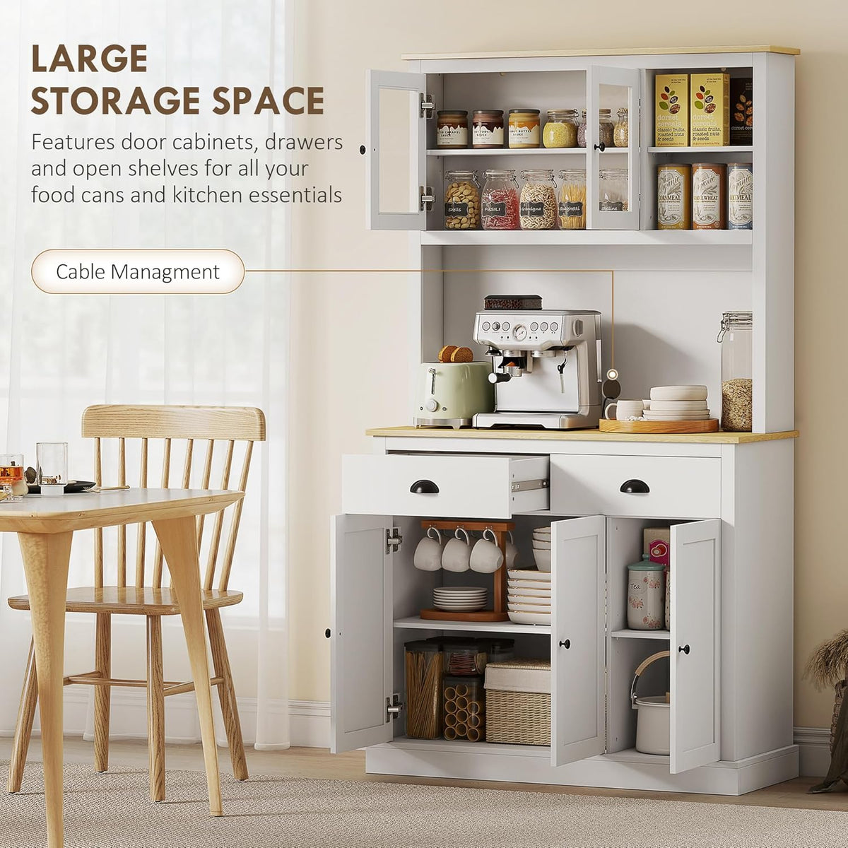 HOMCOM Kitchen Pantry Storage Cabinet with Microwave Stand, 71" Modern Kitchen Hutch with Open Countertop, Glass Doors, Storage Drawers and Adjustable Shelves for Dining Room, Coffee Bar, White