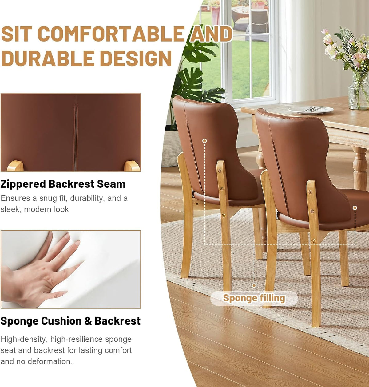 Faux Leather Dining Chairs Set of 4, Upholstered Dining Room Chair with Button Tufted, Solid Wood Legs, Mid Century Modern, Luxury Wingback Side Chair for Living Room, Kitchen, Restaurant, Brown