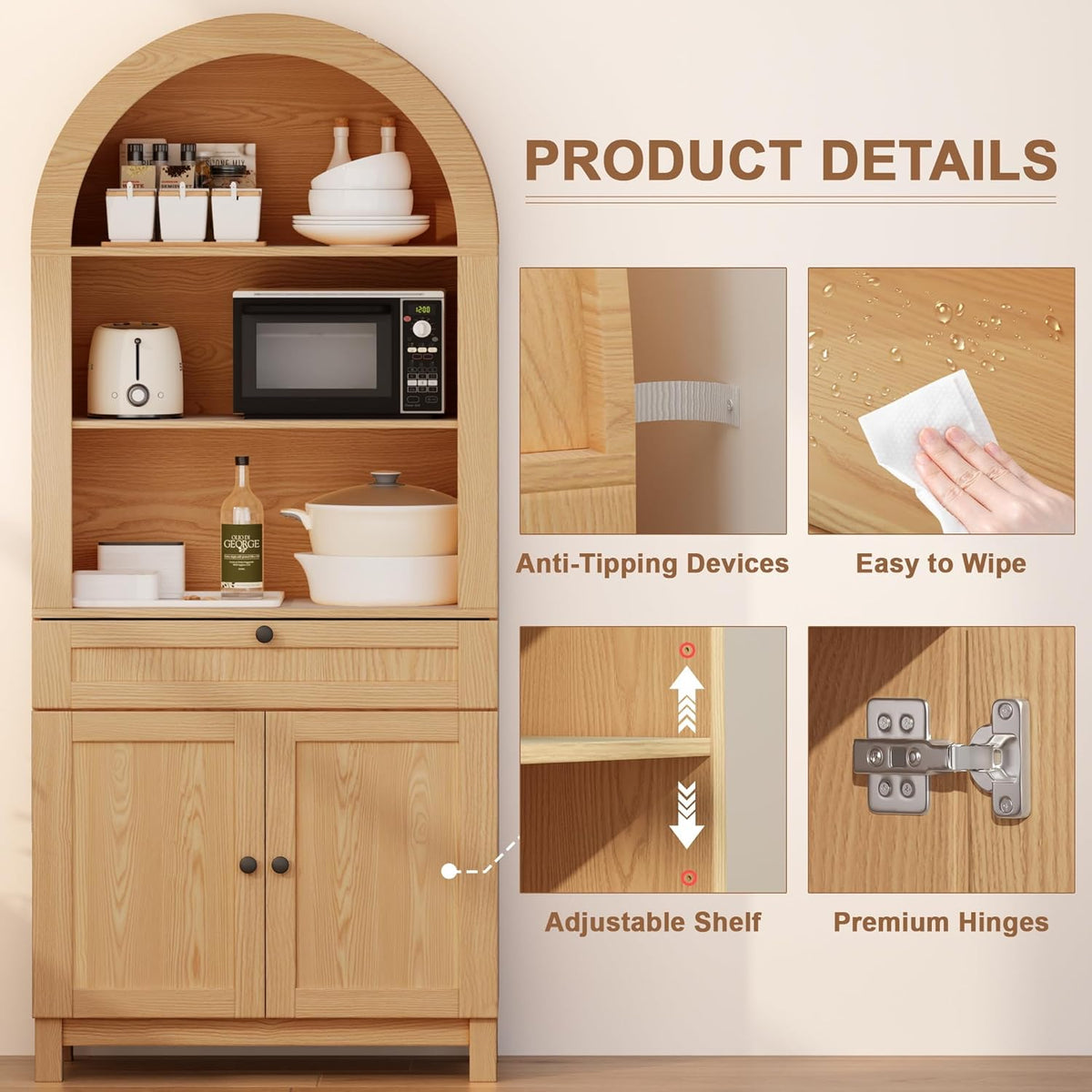 Arched Pantry Cabinet, 71" Kitchen Pantry Cabinet with Smooth Gliding Drawers and Adjustable Shelf, Wood Storage Cabinets Anti-Tipping, Modern Farmhouse for Living Room, Dining Room (Natural)