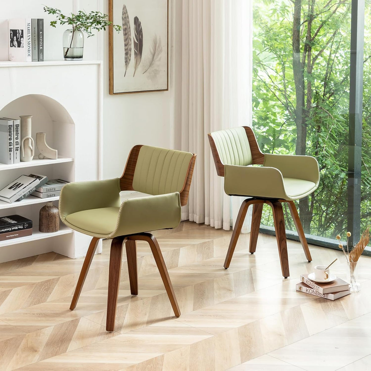 LUNLING Swivel Accent Faux Leather Dining Chairs Set of 2 Mid Century Modern Chairs with Wooden Legs/Armrest/Upholstered Seat/Adjustable Foots for Kitchen Dining Room Desk Chairs Green