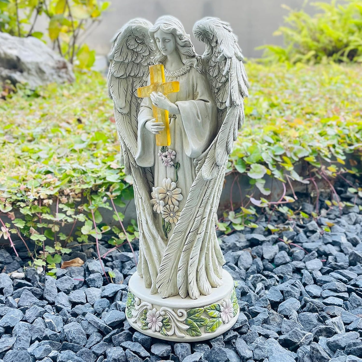 Angel Statue for Garden, Solar Angel for Cemetery Decorations, Unique Funeral Memorial Gifts, Praying Angel Cross Memorial Statue
