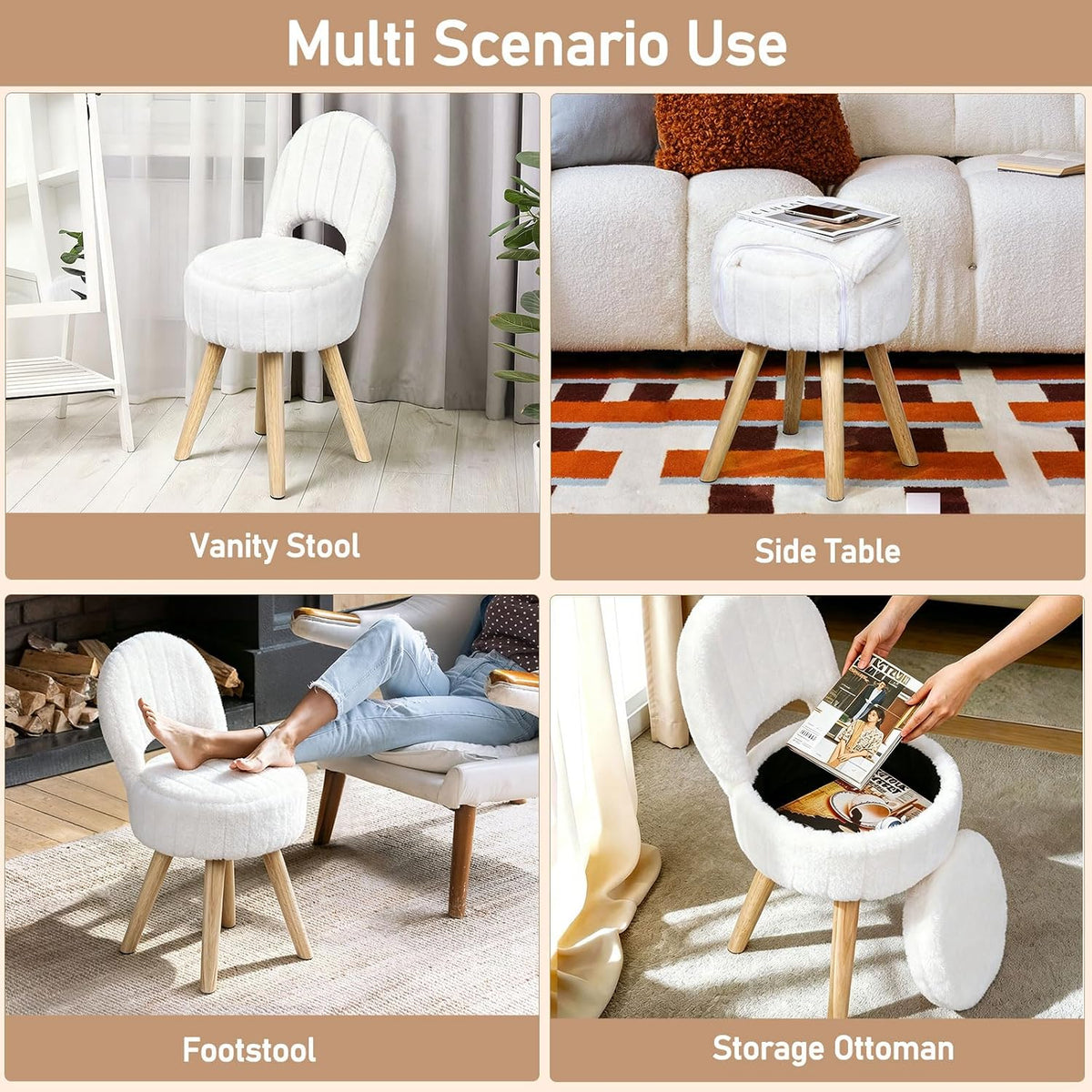 Small Vanity Stool Chair with Storage & Folding Back, Faux Rabbit Fur Soft Padded Seat Ottoman, 4 Solid Wood Legs Anti-Slip Feet, Stool for Vanity Desk for Makeuproom, Bedroom 12.9”x11.8”x27.9”（White）