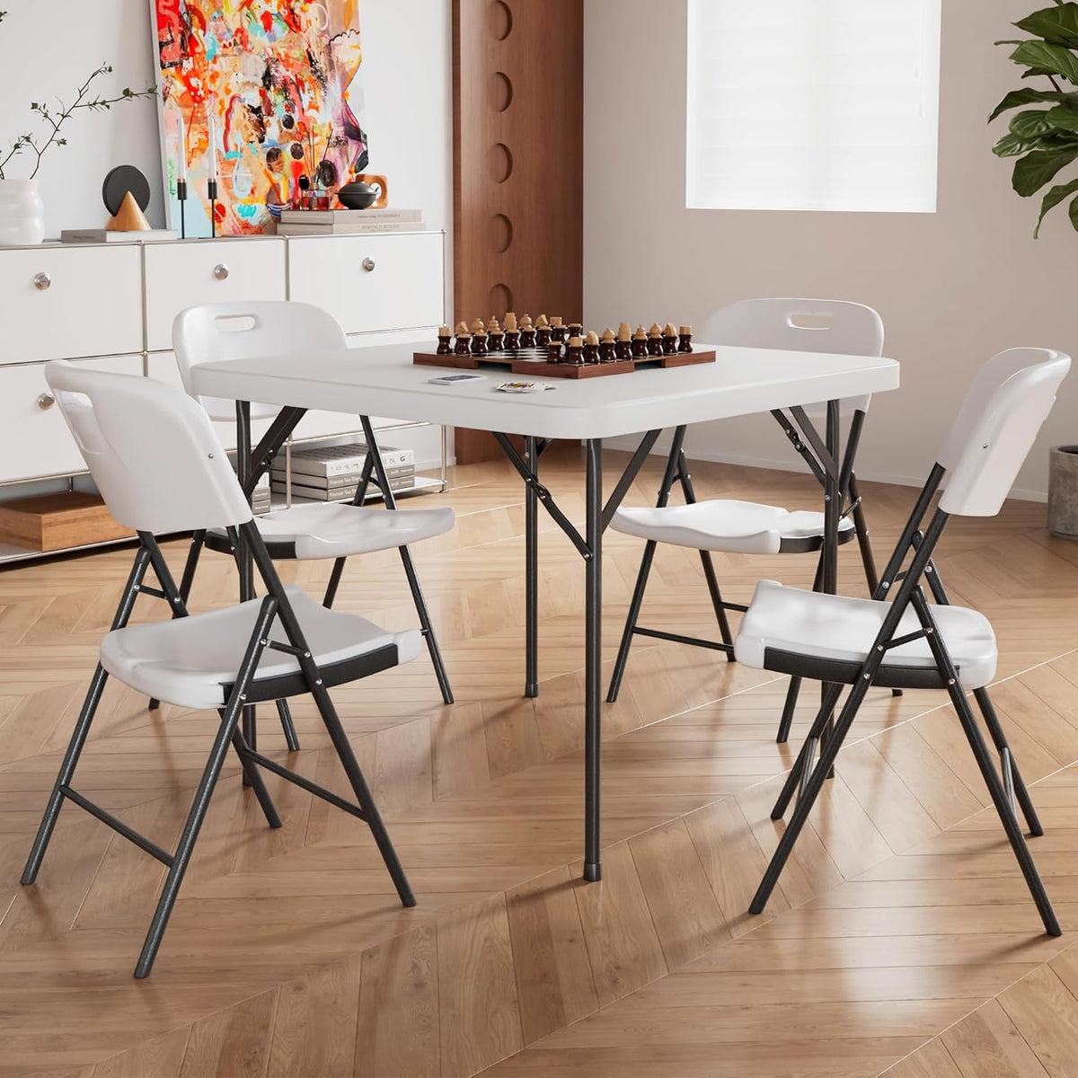 VECELO Folding Card Table Square and Chairs Set, Collapsible Legs & Portable for Indoor/Outdoor, Picnic, 5 Piece, White