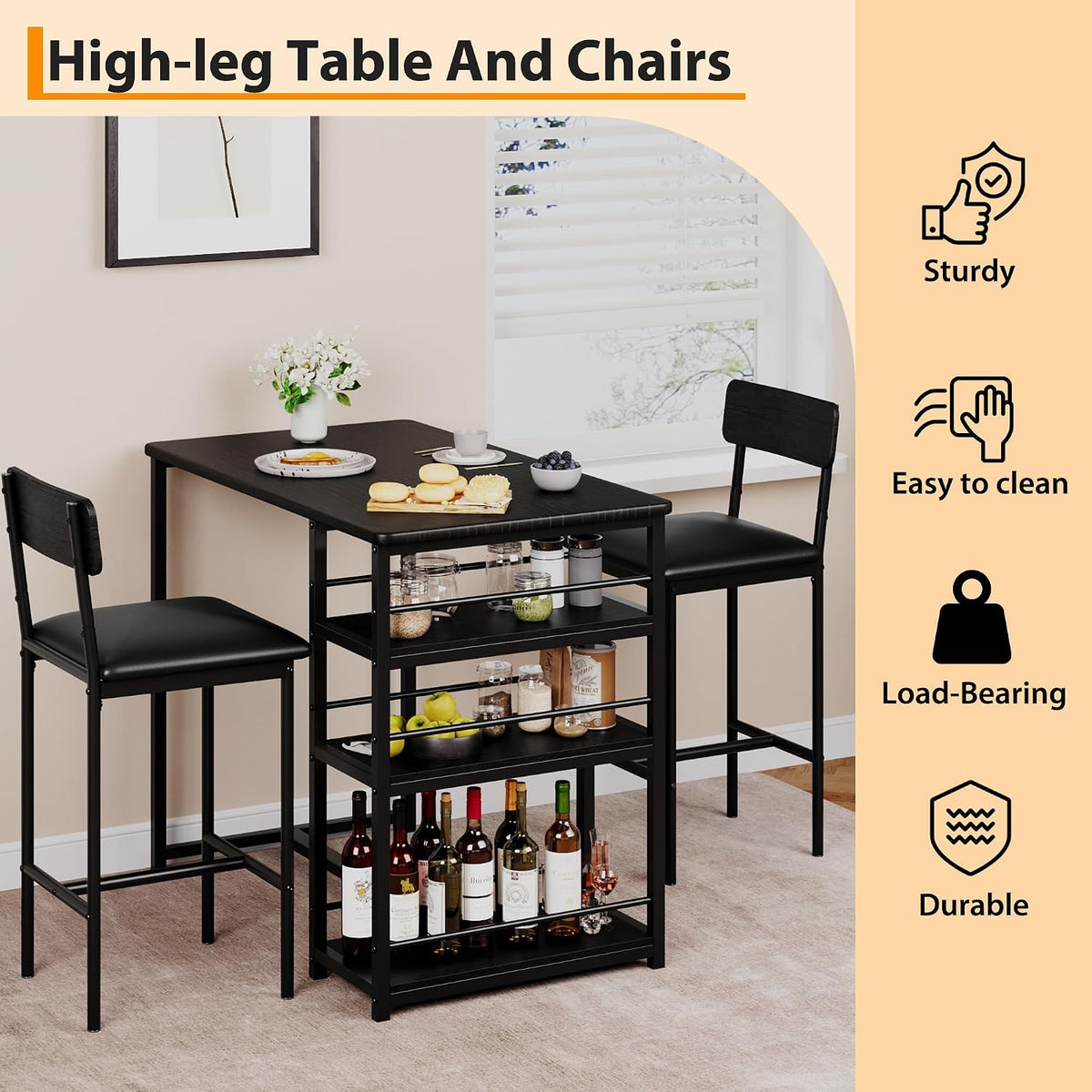 3 Piece Counter Height Dining Table Set for 2 with 3-Tier Storage Open Shelves & Upholstered PU Cushion Chairs, Space Saving Kitchen Table for Small Spaces, Apartment, Pub, Breakfast, Black