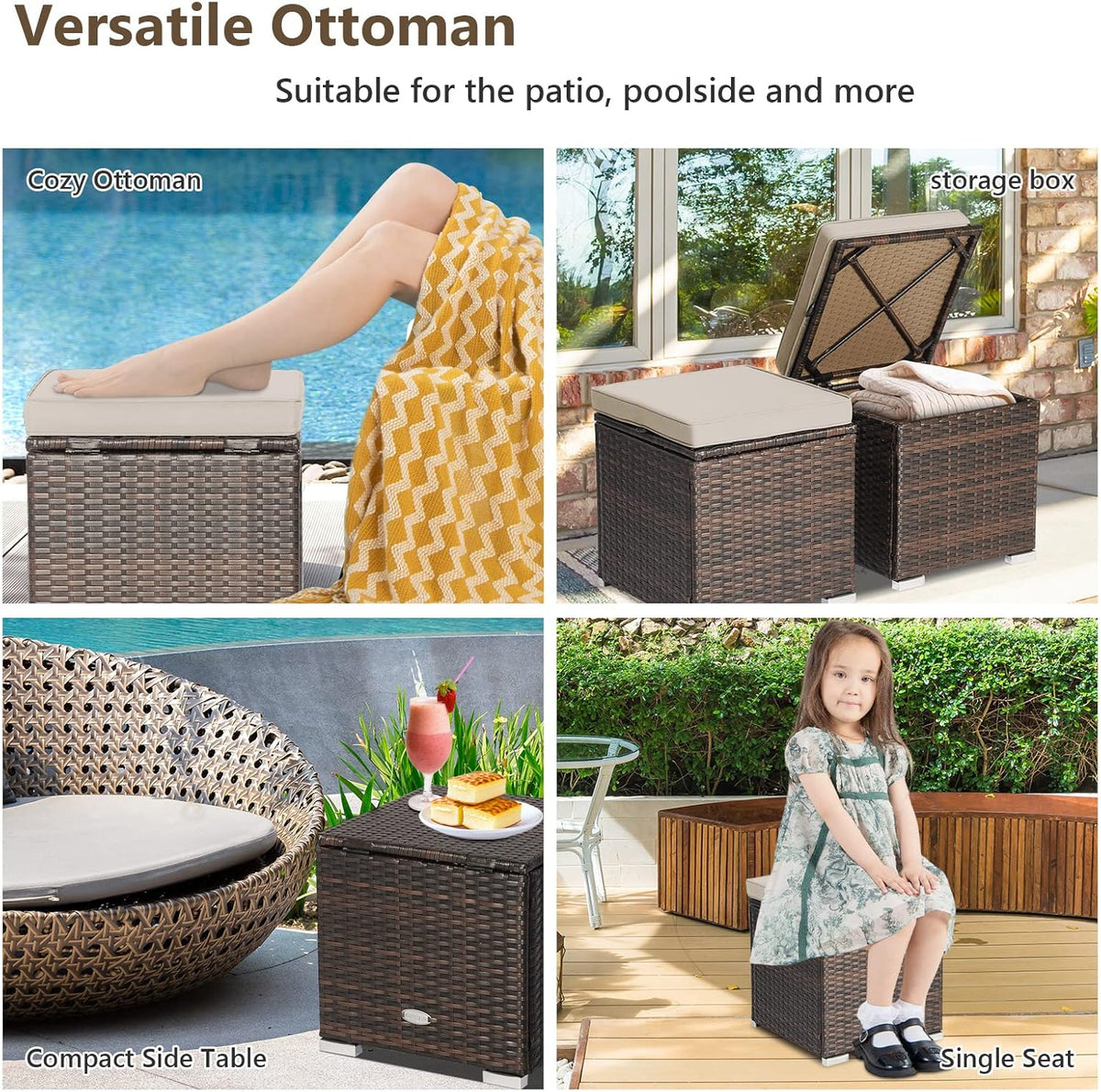 Tangkula 2 Pieces Patio Ottomans, Patiojoy Hand-Woven PE Rattan Side Table with Removable Cushion & Hidden Storage Space, Multifunctional Storage Box, Seat for Patio, Backyard, Poolside (Beige)