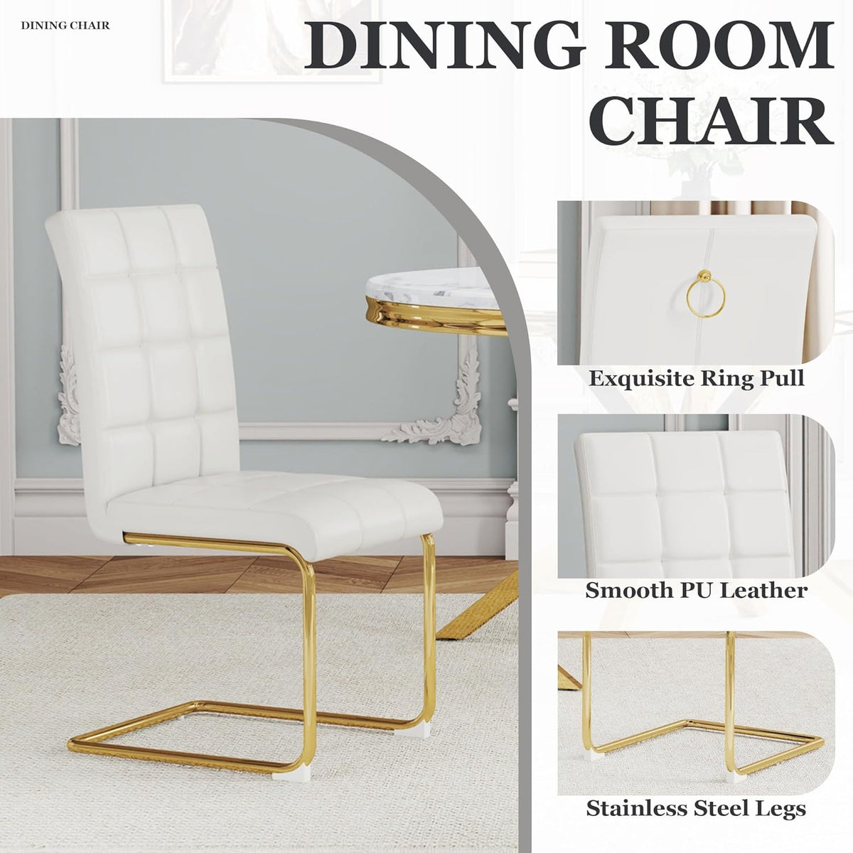 Modern Dining Chairs Set of 8, White PU Leather Chairs with Pull Ring Backrest and Gold Stainless Steel Legs, Easy-to-Assemble Kitchen Chairs for Dining Room, Living Room, or Bedroom