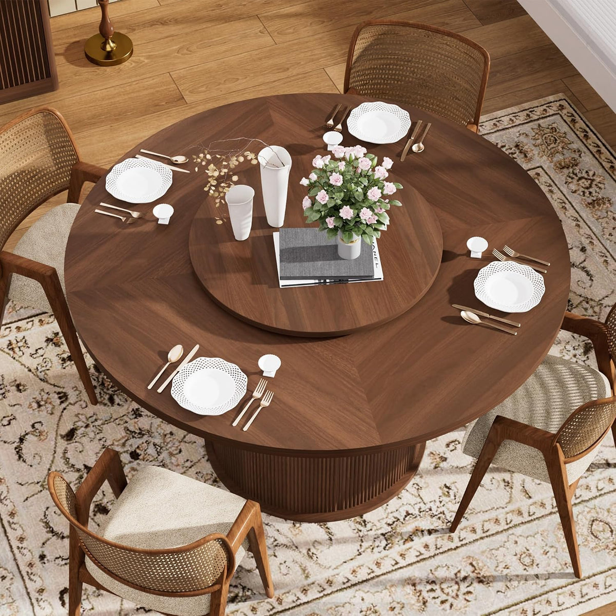 55'' Round Dining Table for 4-6, Mid-Century Modern Kitchen Table with Rotating Tray and 2-Layer Storage Shelf, Wood Slide Door Dining Room Table for Home Living Room, Walnut