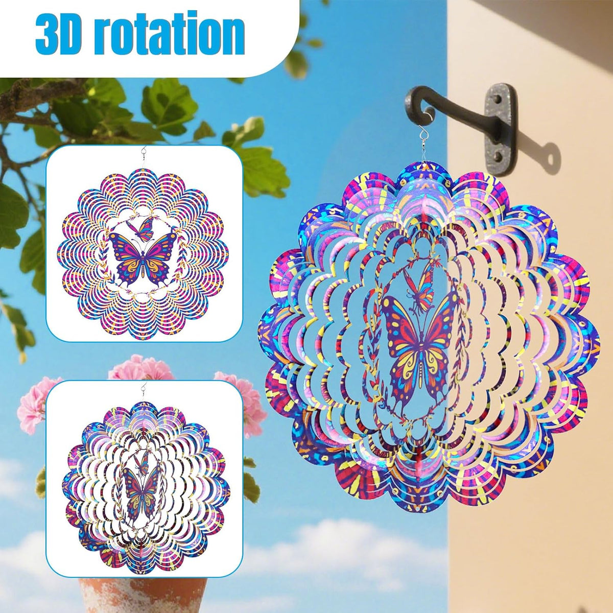Wind Spinners Outdoor, Butterfly Metal 3D Hanging Garden Decor, 12-inch Stainless Steel Wind Spinner with Tail Spinner, Wind Sculptures for Patio Lawn Yard, Ornament Gift for Women/Men