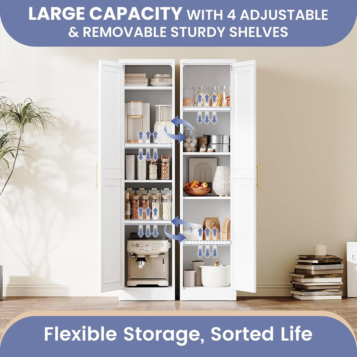 71''Tall Narrow Storage Cabinet Metal Bathroom Cabinet with Doors and 4 Adjustable Shelves, Slim Pantry Cabinets Cupboard for Small Space, Apartment, Bathroom, Kitchen, Laundry (White)