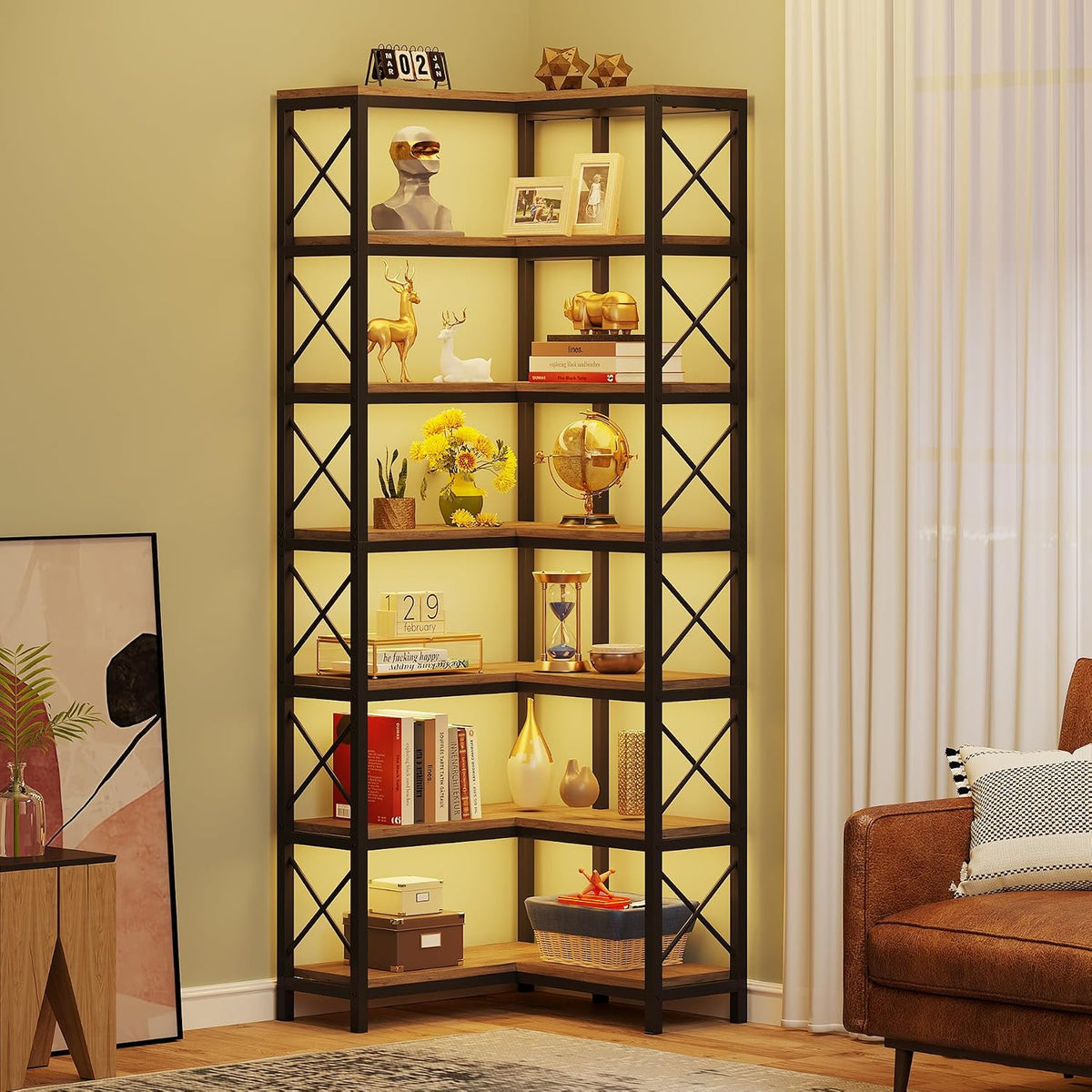 Tribesigns 7-Shelf Corner Bookshelf,Large Modern Corner Bookcase, 7-Tier Tall Corner Shelf Storage Display Rack with Metal Frame for Living Room Home Office (Grey)