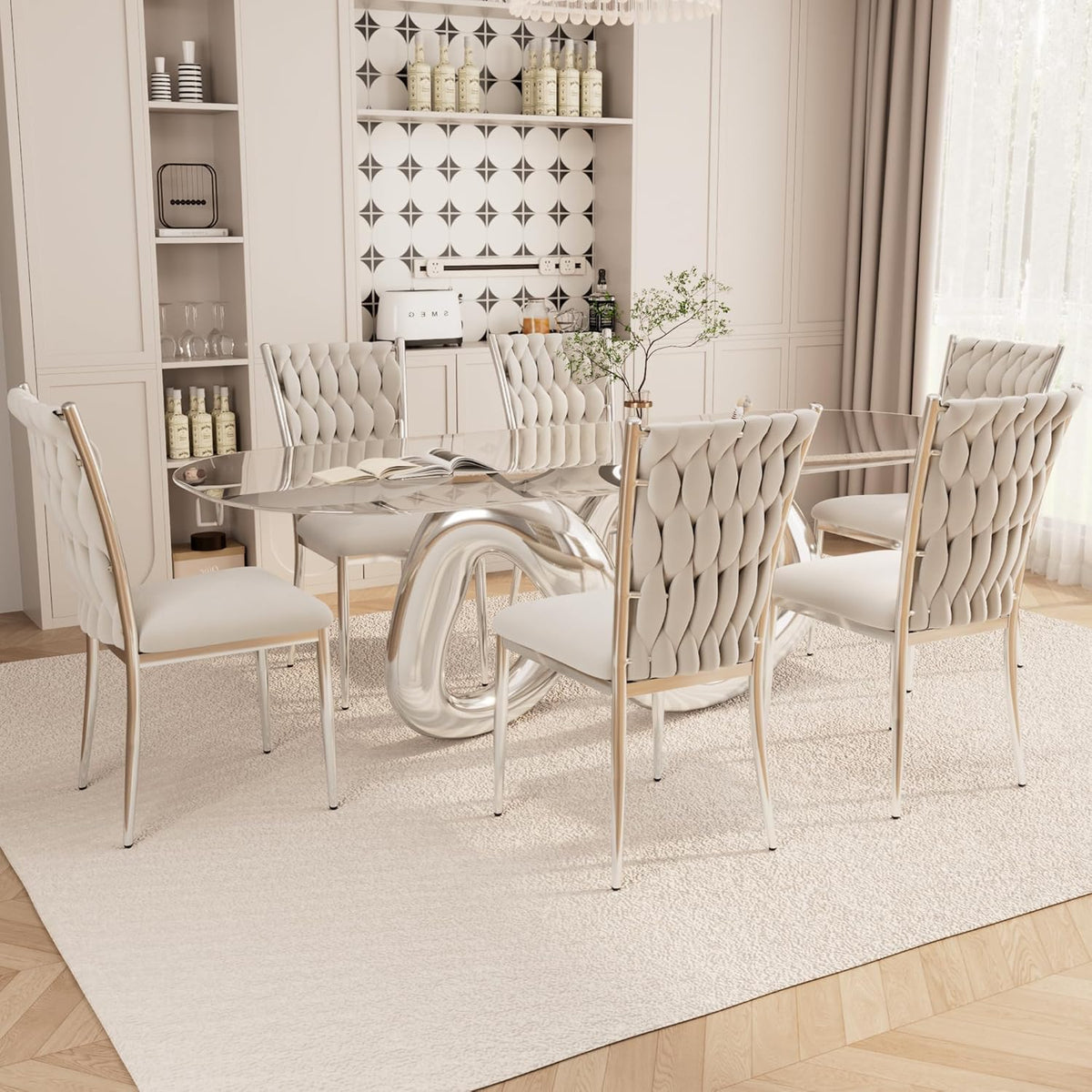 Velvet Dining Chairs Set of 6, Modern Woven Kitchen Chairs with Silver Metal Legs, Upholstered Cushion with High Back, Dirt Resistance, Easy to Install, for Living Room, Dining Room - Light Grey
