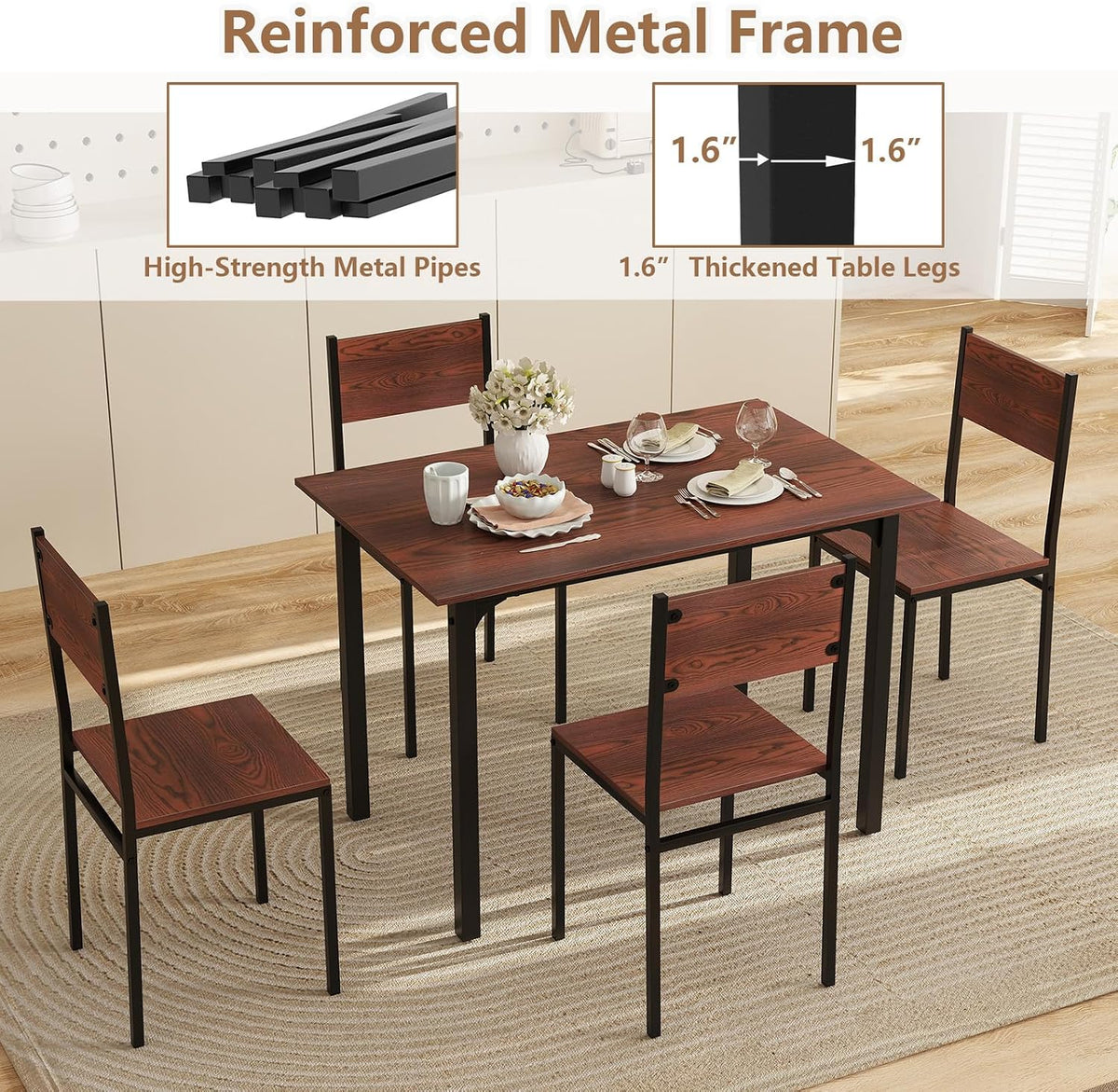 GOFLAME 5-Piece Dining Table Set, Industrial Kitchen Table and Chairs for 4 with Backrest and Metal Frame, Rectangular Space-Saving Dinette Set for Dining Room, Apartment, Small Space, Walnut